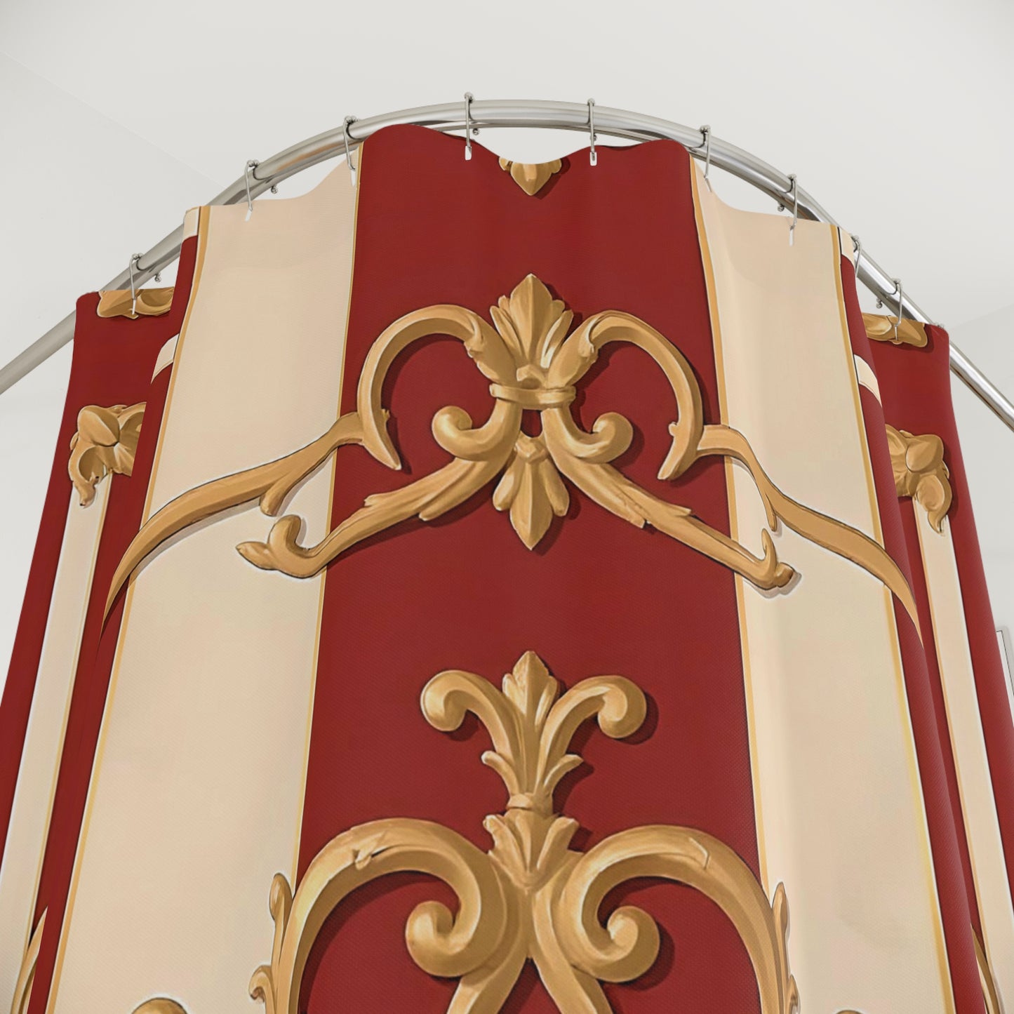 Elegant Vintage Shower Curtain with Alabaster & Dusk Orange Striped Baroque Design