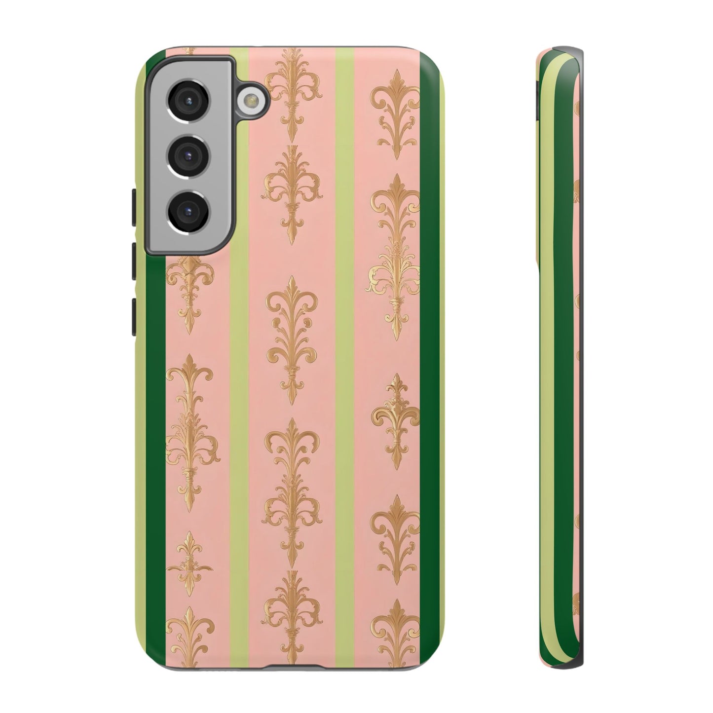 Elegant Floral Motif Phone Case - Tough Cases with Vintage Design - Lime Green & Pink Striped Damask