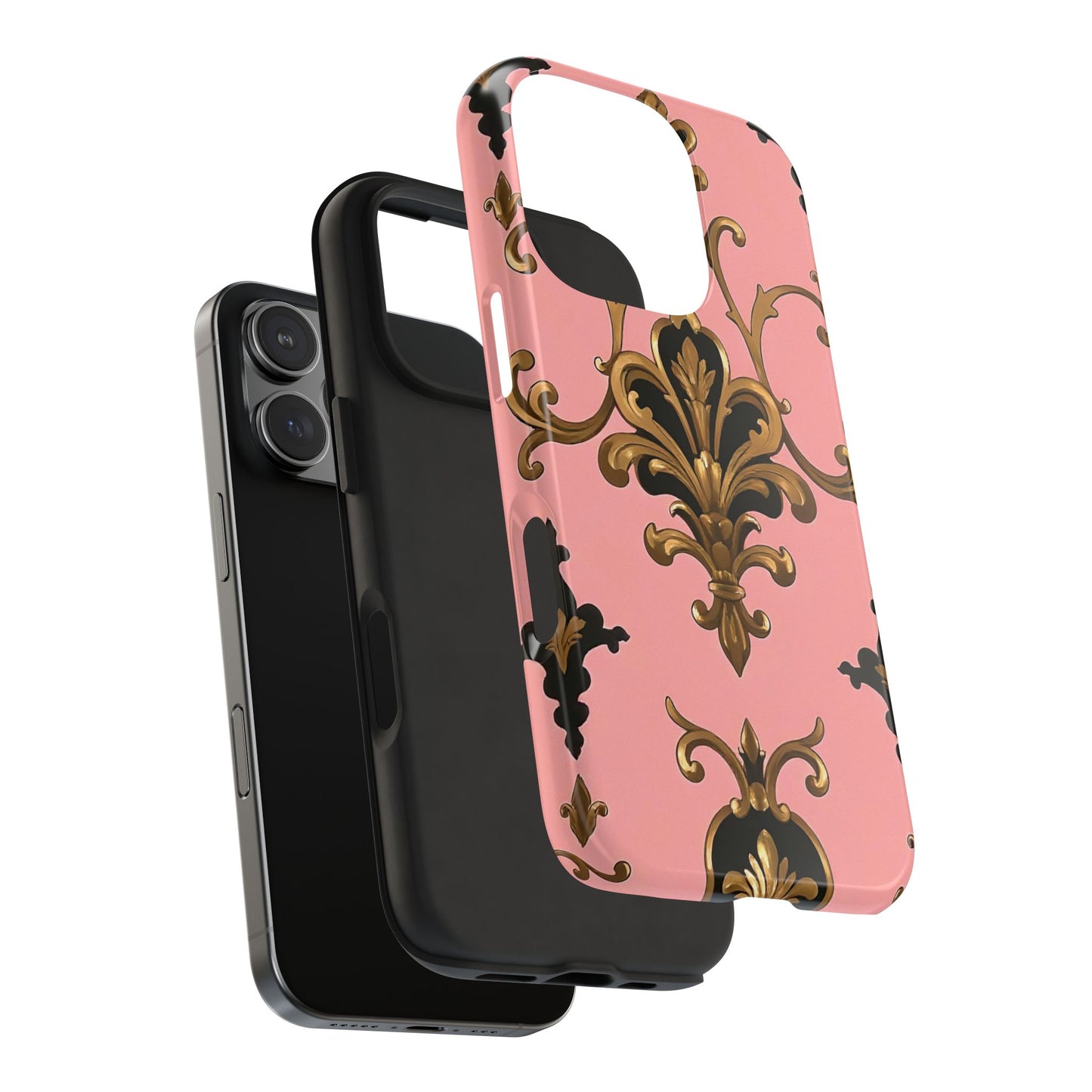 Chic Tough Phone Cases with Floral Design, Elegant Phone Cover, Durable Smartphone Case, Stylish Tech Accessory - Pink, Black & Gold Rococo