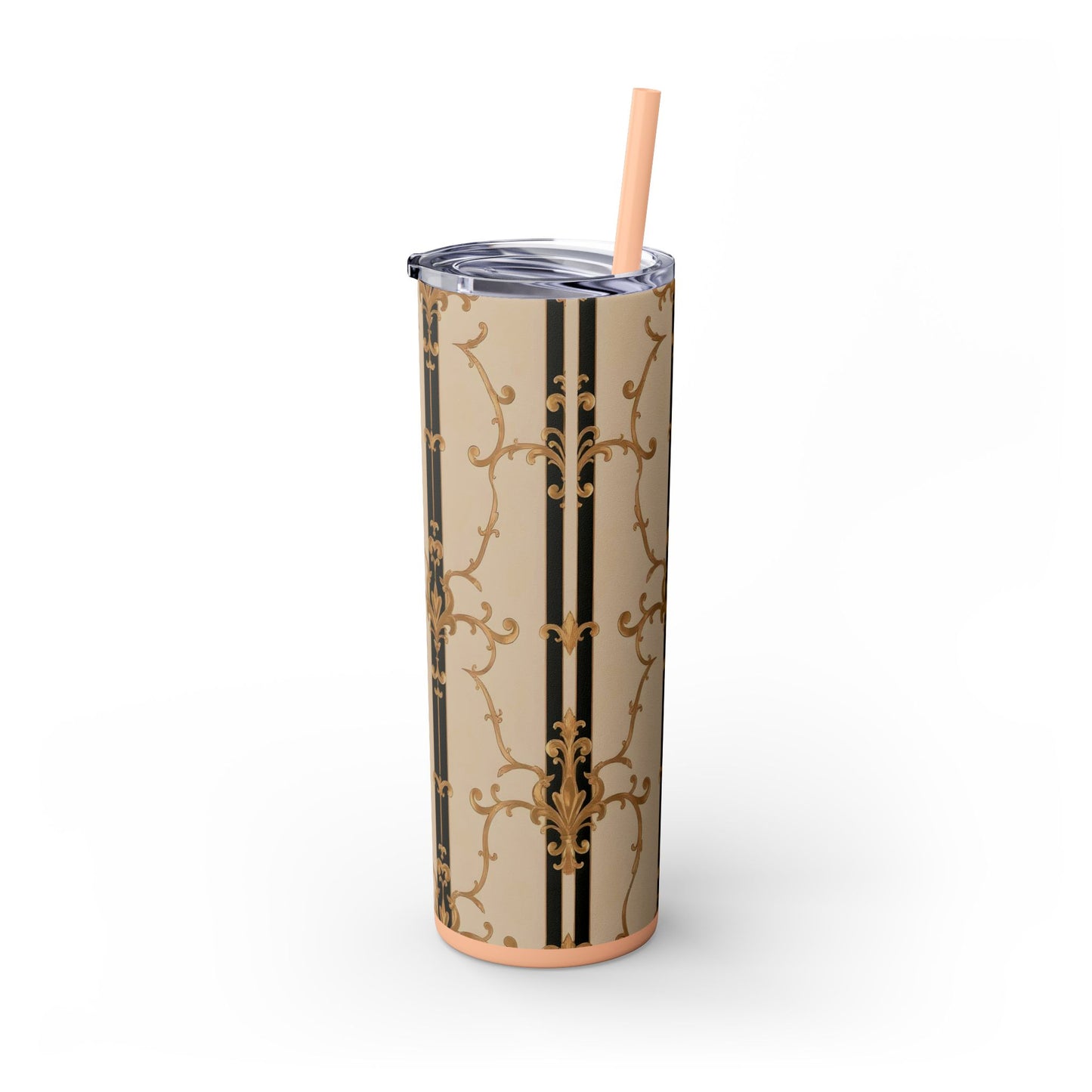 Elegant Gold Patterned Skinny Tumbler with Straw, 20oz | Stylish Travel Mug, Gift for Her, Fancy Drinkware - Black & Beige Striped Damask