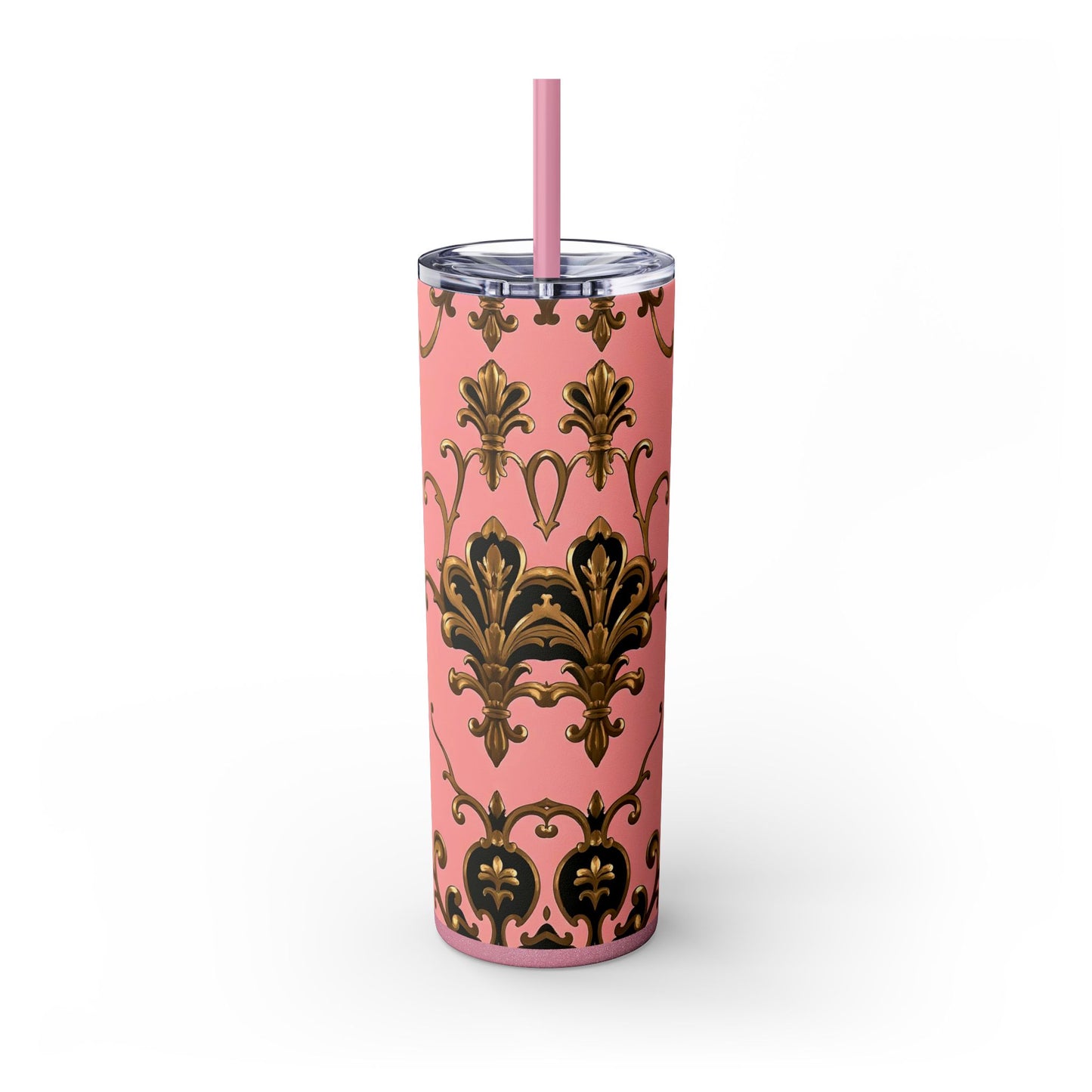 Elegant Pink Damask Skinny Tumbler, 20oz Drinkware, Stylish Reusable Cup, Travel Mug, Gift for Her, Home Decor - Pink, Black & Gold Rococo