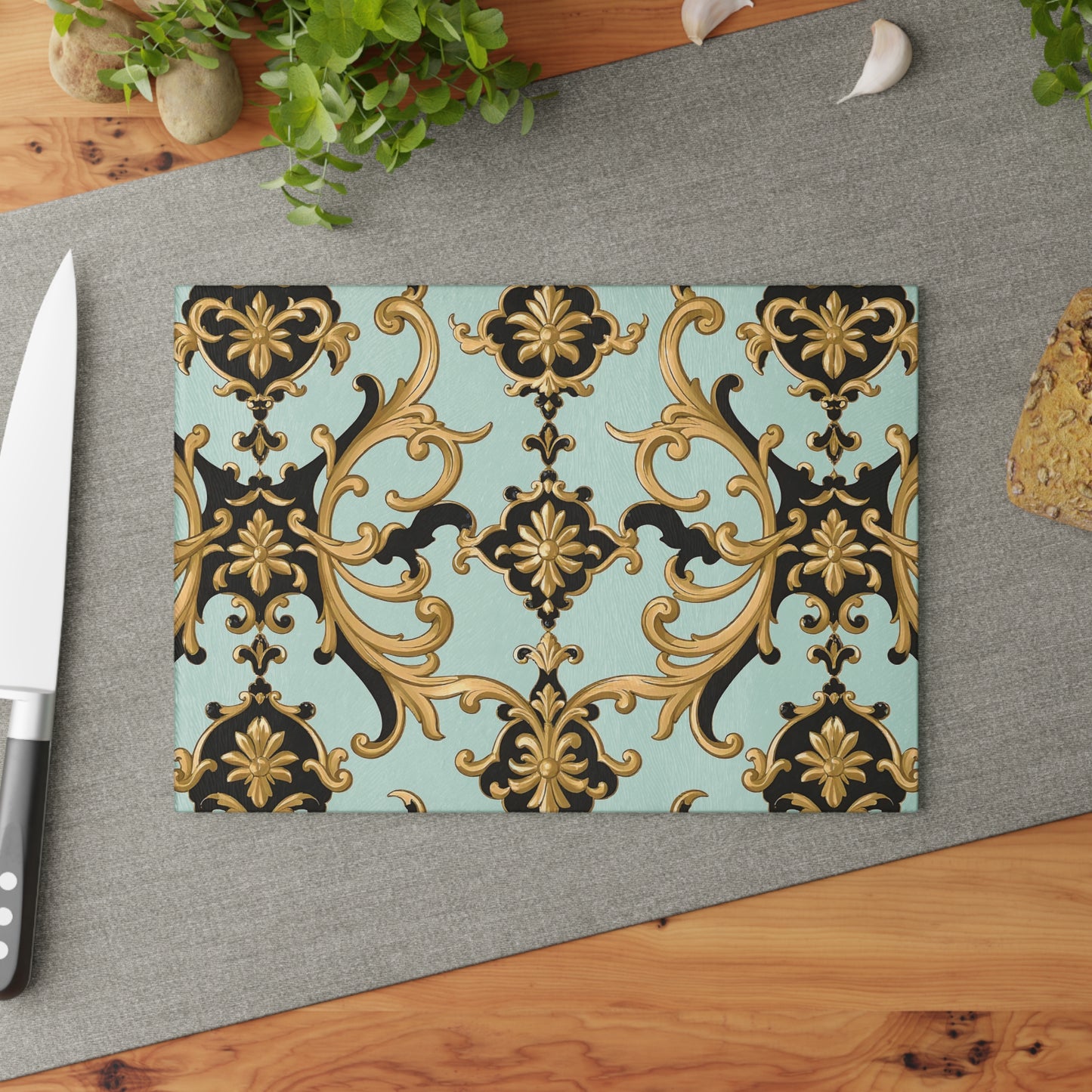 Elegant Kitchen Glass Cutting Board - Decorative Cooking Gift, Home Decor, Wedding Present, Culinary Art, Housewarming Gift - Black & Gold Rococo