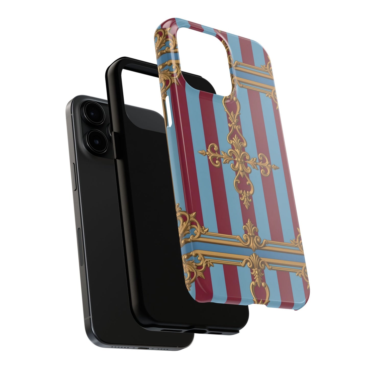 Elegant Patterned Tough Phone Cases, Stylish Phone Cover, Durable Phone Protection, Unique Gift Idea - Sky Blue & Maroon Striped Baroque