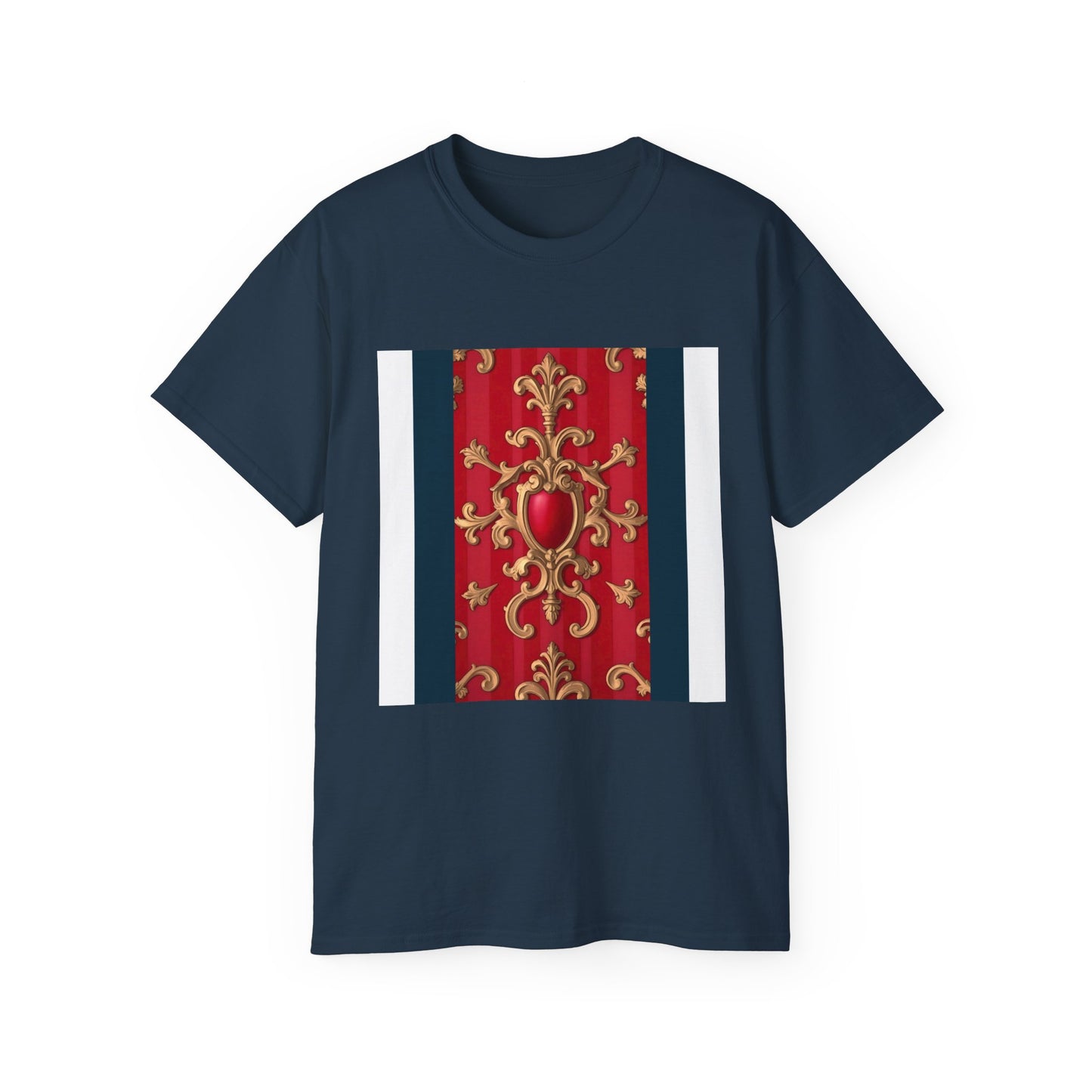Regal Red Baroque T-Shirt, Artistic Tee, Gift for Art Lovers, Fashionable Statement Shirt, Unique Graphic Top - Blue, Red & White Striped Baroque