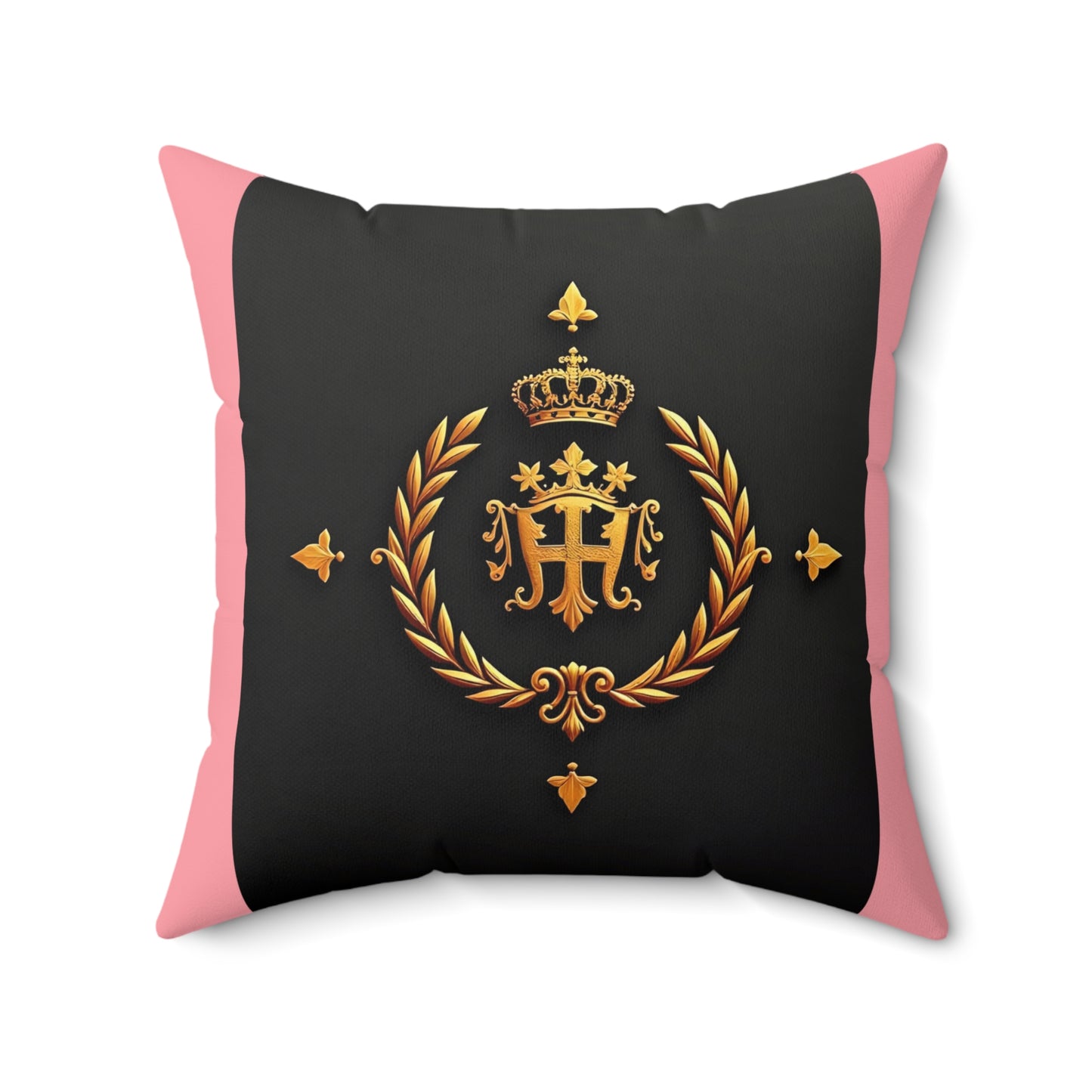 Elegant Royal Faux Suede Square Pillow, Luxury Home Decor, Cozy Gifts for Her, Crown Emblem Cushion, Stylish Accent Pillow - Pink Striped Gold Crest