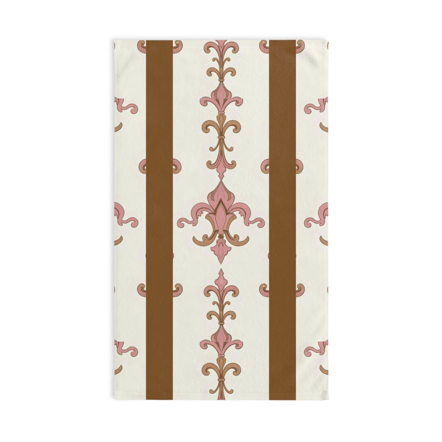 Elegant Decorative Hand Towel for Kitchen or Bath, Floral Towel for Home, Chic Gift, Wedding Gift - Brown Striped Pink Arabesque