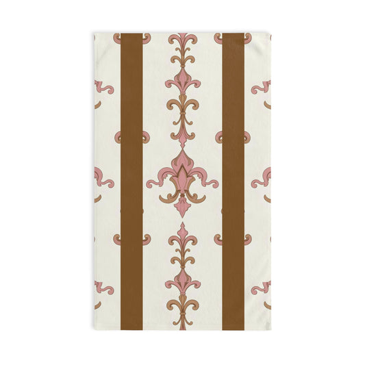 Elegant Decorative Hand Towel for Kitchen or Bath, Floral Towel for Home, Chic Gift, Wedding Gift - Brown Striped Pink Arabesque