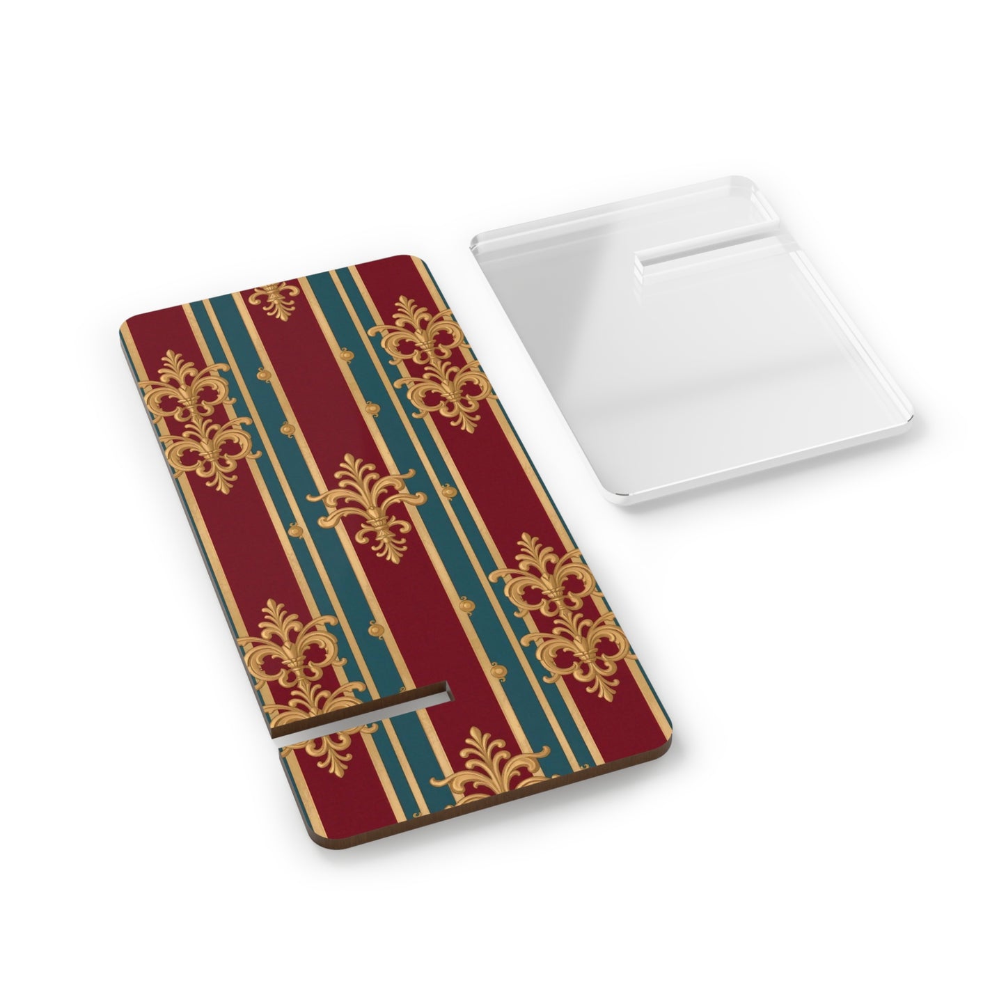Elegant Smartphone Display Stand, Decorative Phone Holder, Unique Home Office Accessory - Burgundy Striped Gold Baroque
