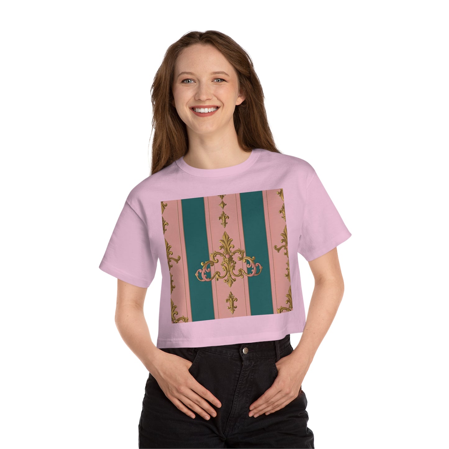 Heritage Cropped T-Shirt with Elegant Floral Design, Casual Wear, Summer Fashion, Vintage Style, Gift for Her - Pink & Teal Striped Gold Baroque