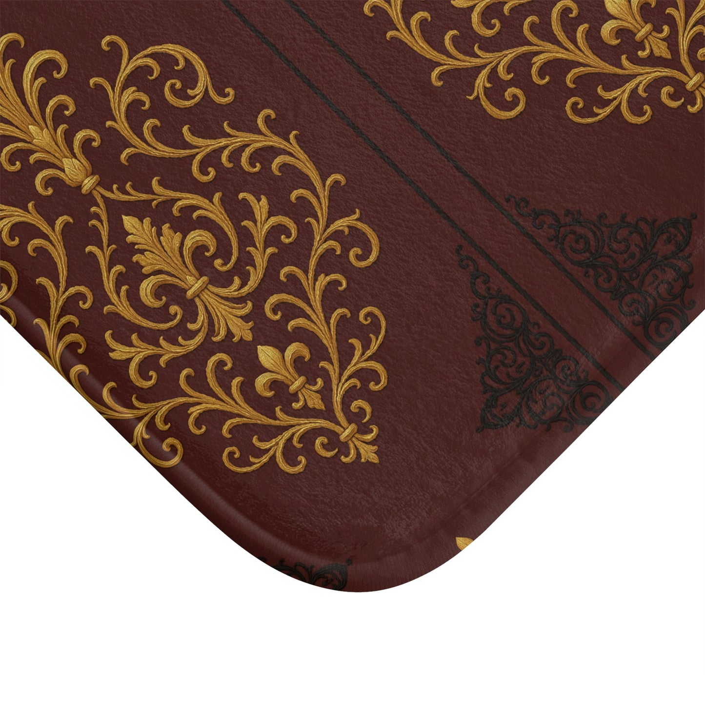 Dusk Burgundy-Black & Gold Baroque Bath Mat — Elegant Burgundy Bathroom Rug