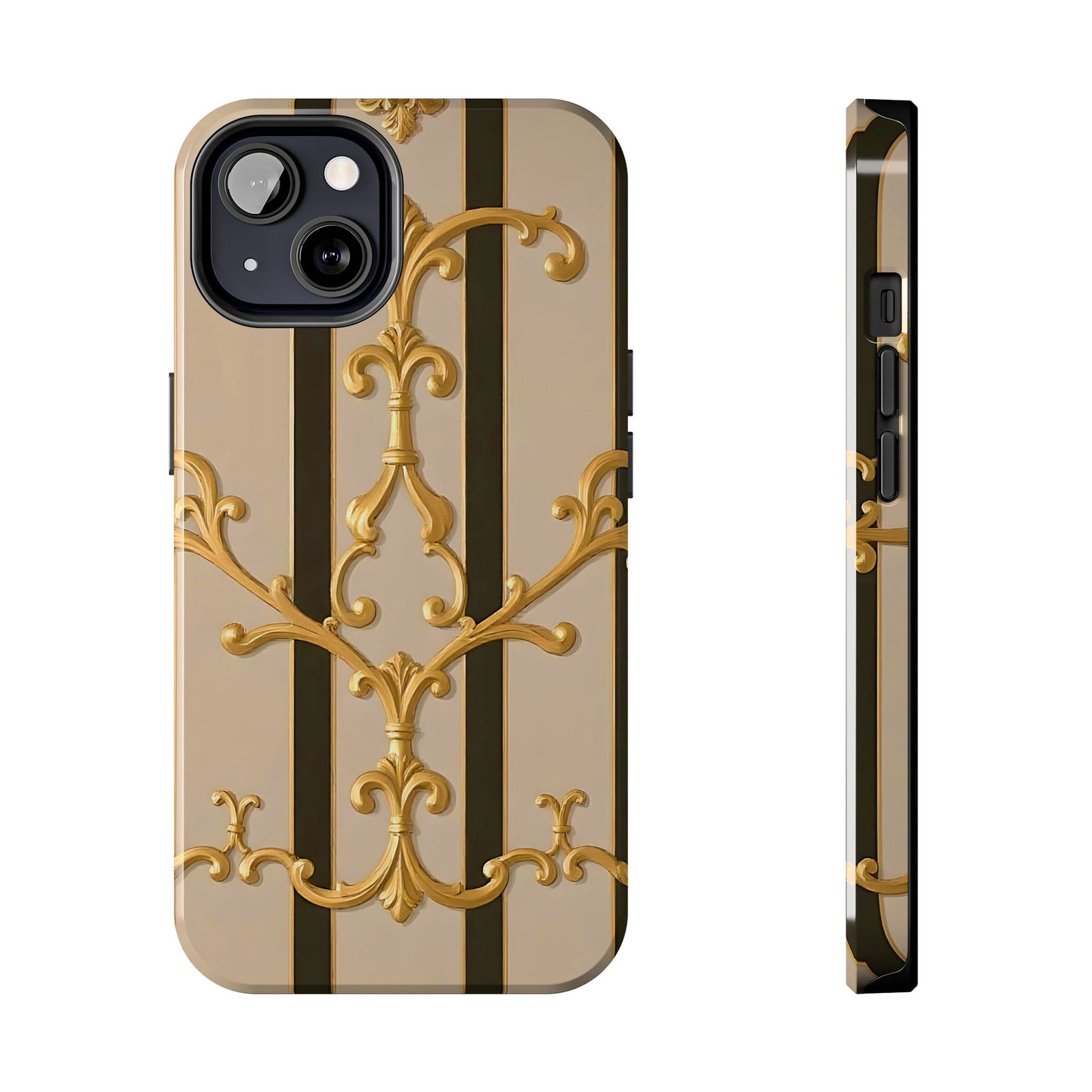 Elegant Vintage Tough Phone Case, Stylish Phone Cover, Boho Accessories, Perfect Gift for Her - Beige Striped Gold Rococo