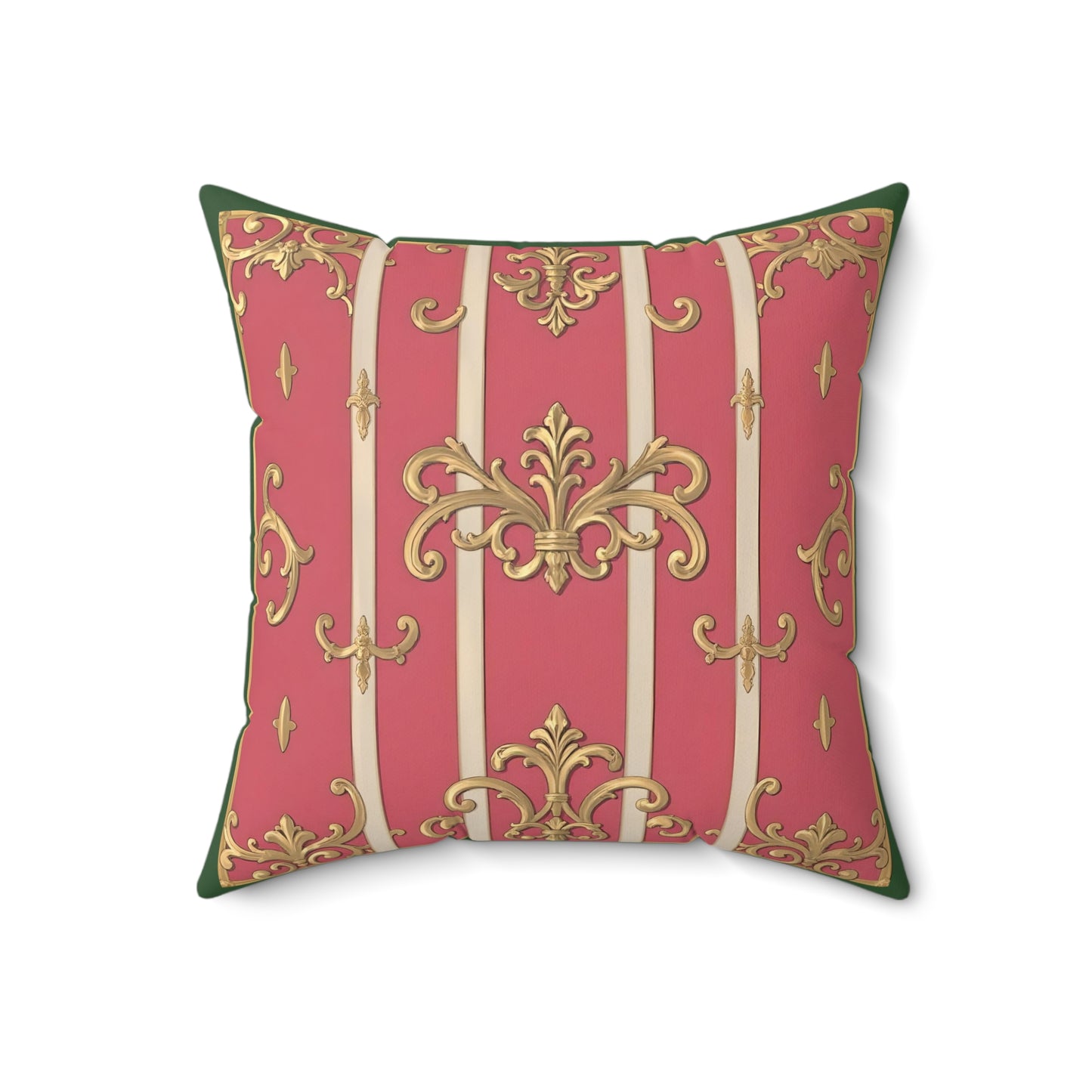 Elegant Faux Suede Green Border Striped Pink Baroque Square Pillow, Decorative Pillow for Living Room, Home Decor Accent