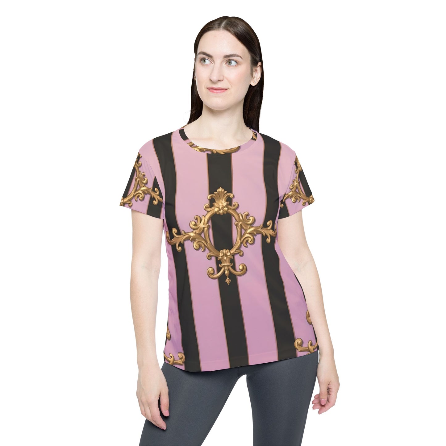 Elegant Women's Sports Jersey - Stylish Athletic Shirt, Trendy Activewear, Fashion Tee for Sports Lovers - Matte Lavender & Black Striped Gold Baroque