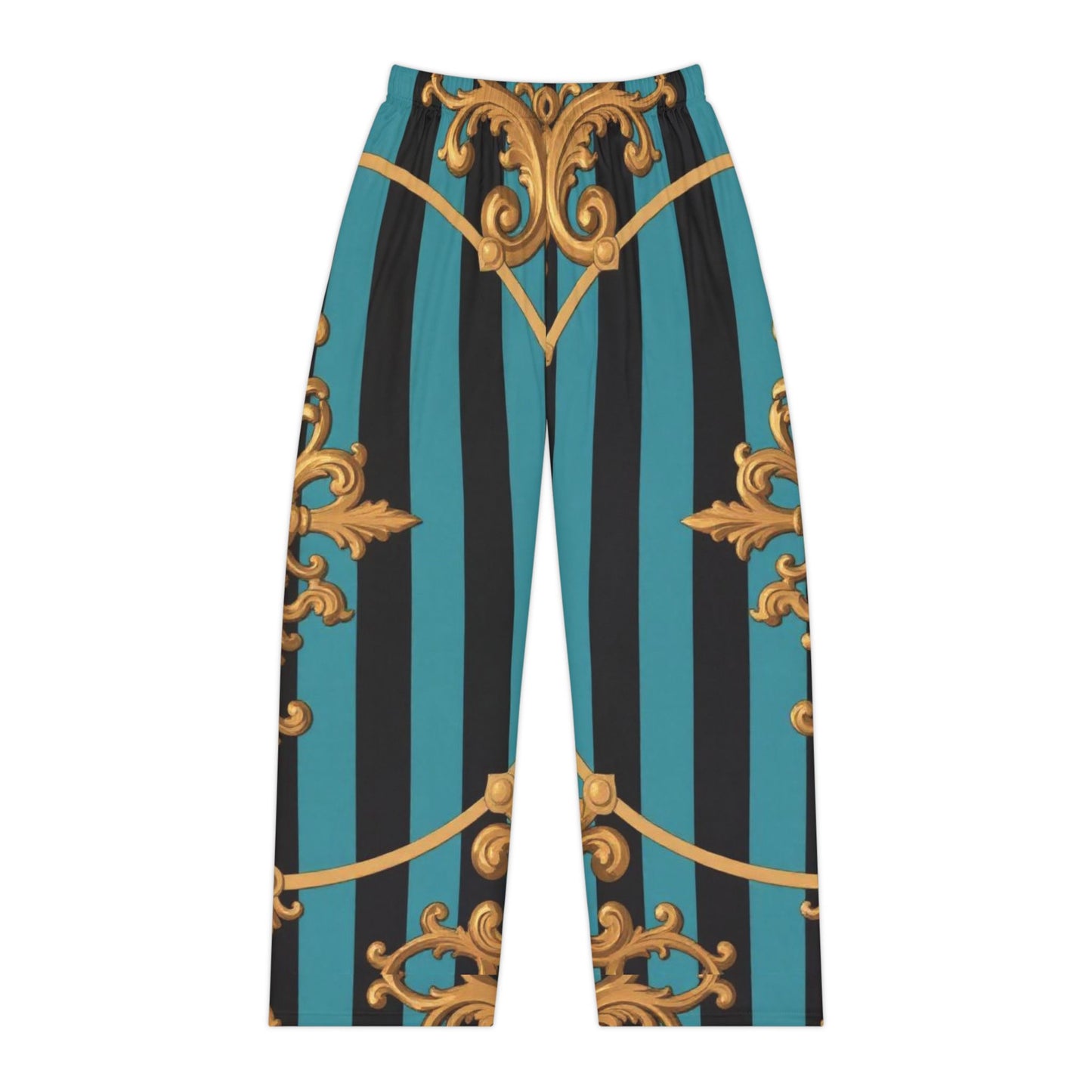 Elegant Turquoise & Black Striped Gold Baroque Women's Pajama Pants, Cozy Sleepwear, Stylish Loungewear, Perfect for Relaxing, Gift for Her