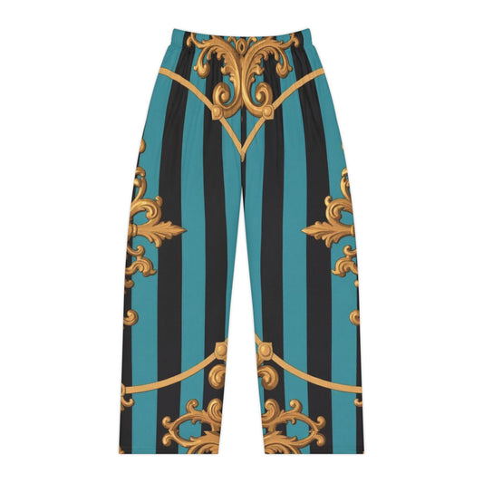 Elegant Turquoise & Black Striped Gold Baroque Women's Pajama Pants, Cozy Sleepwear, Stylish Loungewear, Perfect for Relaxing, Gift for Her