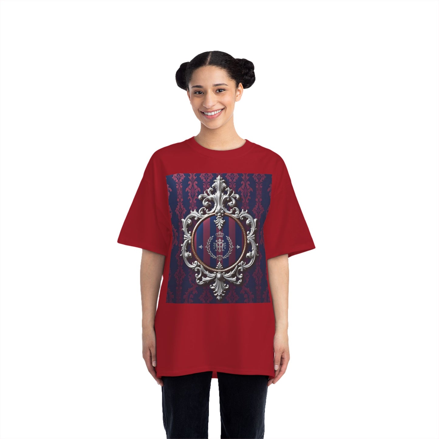 Elegant Unisex Graphic T-Shirt - Vintage Inspired, Casual Wear, Unique Gift, Art Tee, Fashion Statement - Blue & Plum Striped Silver Crest