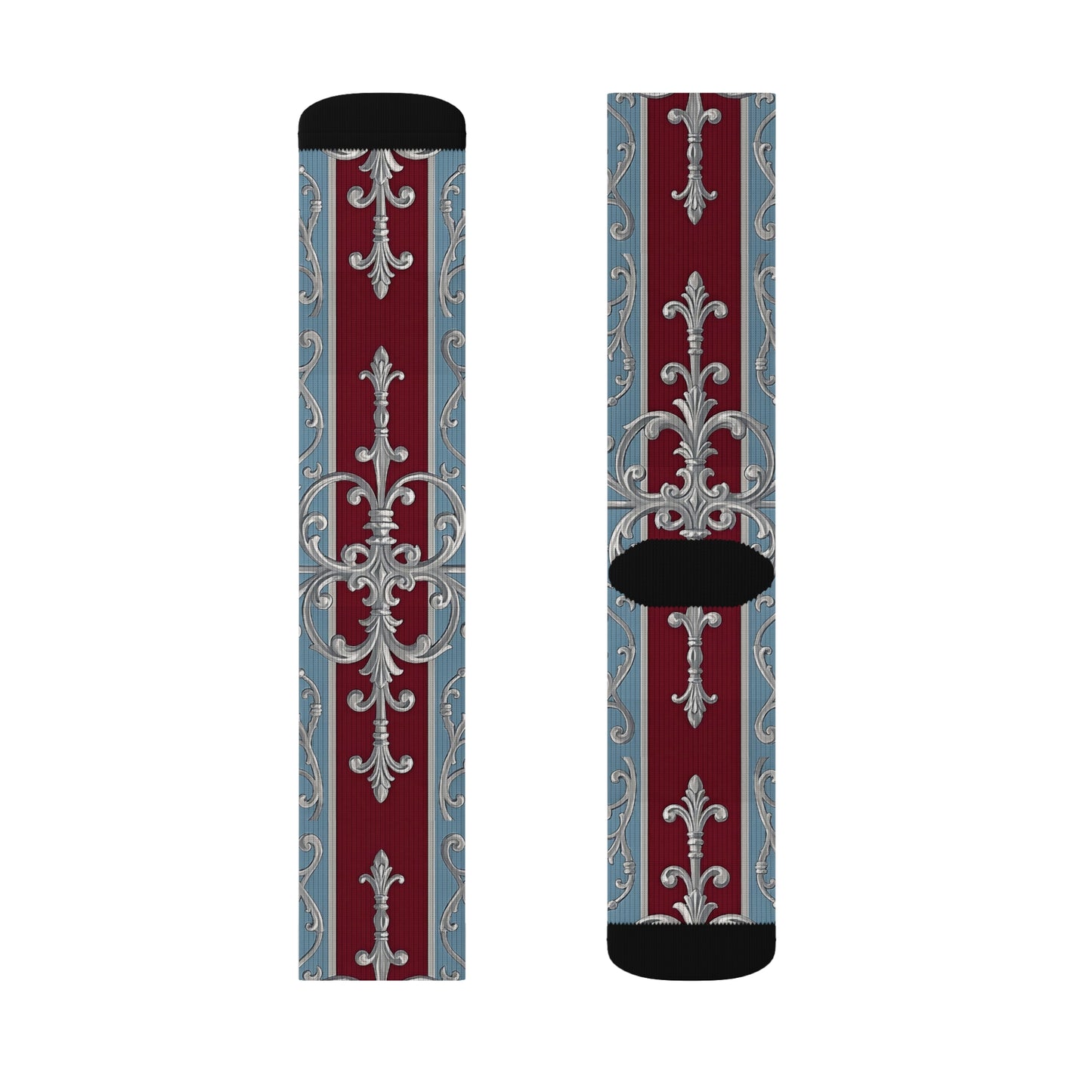 Elegant Sublimation Socks - Vintage Floral Design for Luxe Style - Ice Blue & Burgundy Striped Baroque