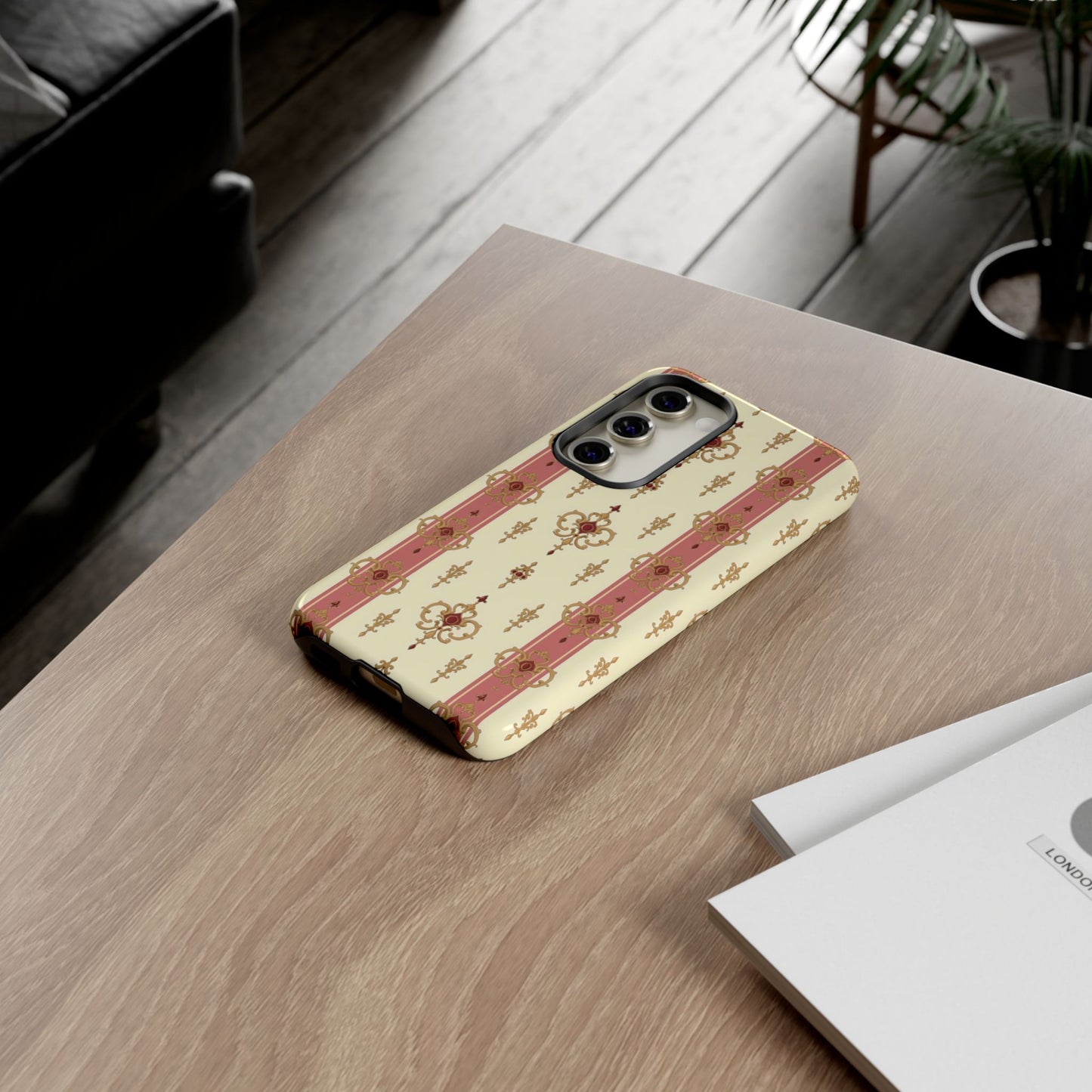 Elegant Floral Motif Phone Case - Tough Cases with Vintage Design - Mauve Striped Gold Damask