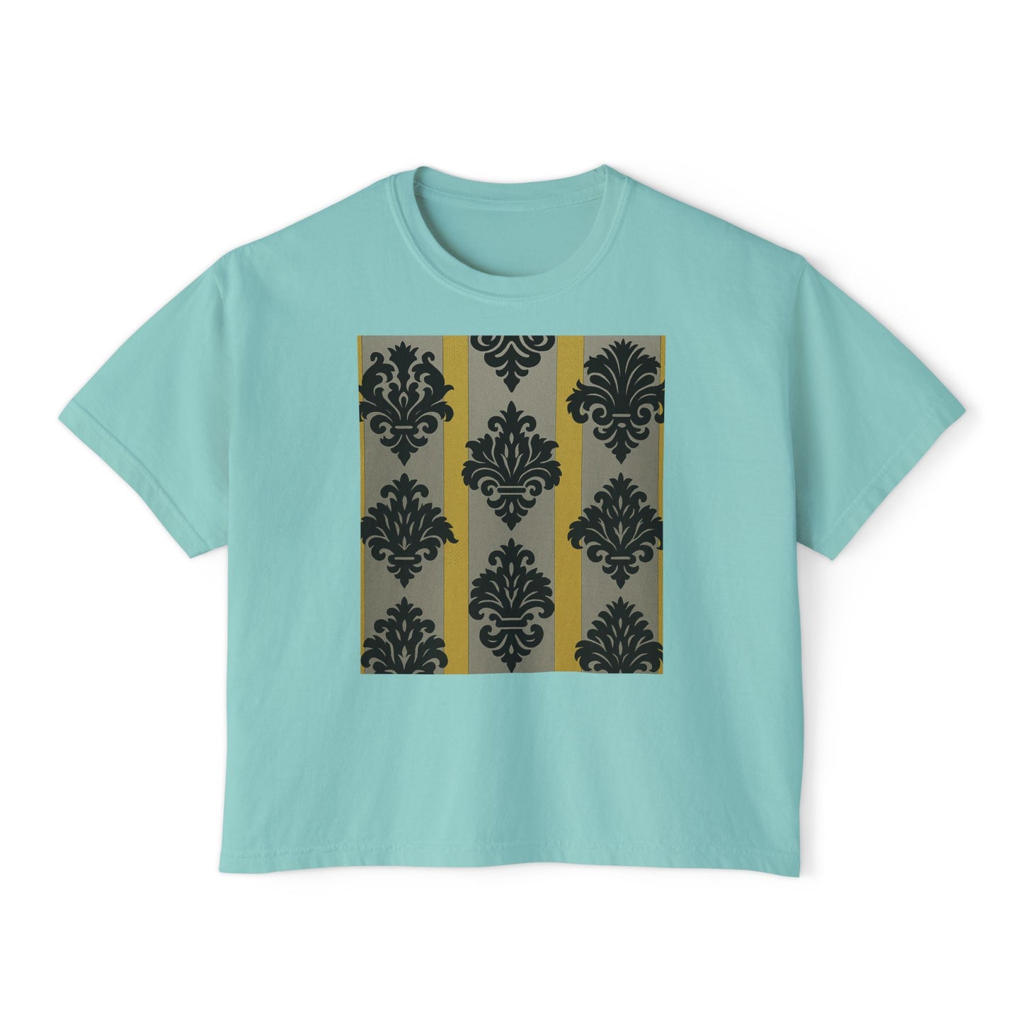 Chic Women's Boxy Tee - Stylish Casual Top, Vintage Graphic Tee, Trendy Summer Shirt, Gift for Her - Silver & Gold Striped Black Baroque