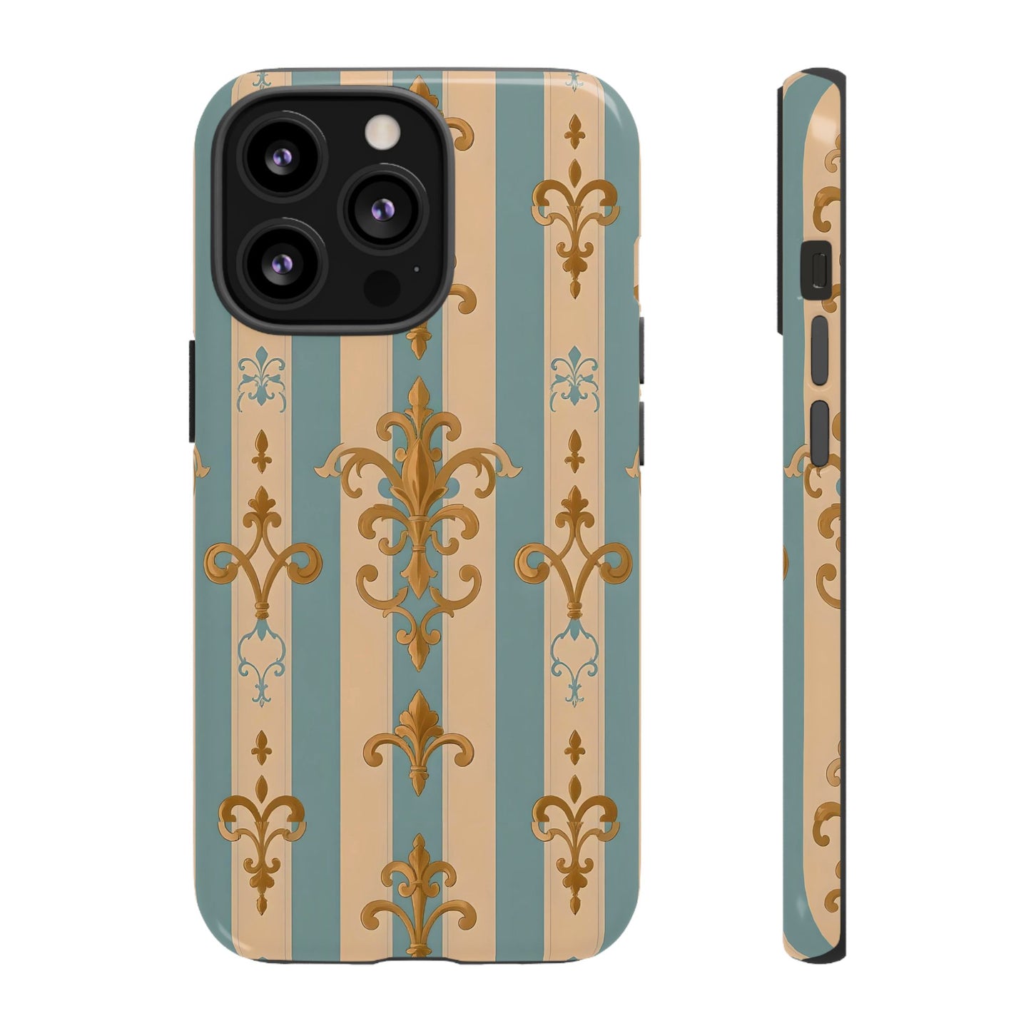 Elegant Floral Motif Phone Case - Tough Cases with Vintage Design -  Beige & Sky Blue Striped Gold Damask