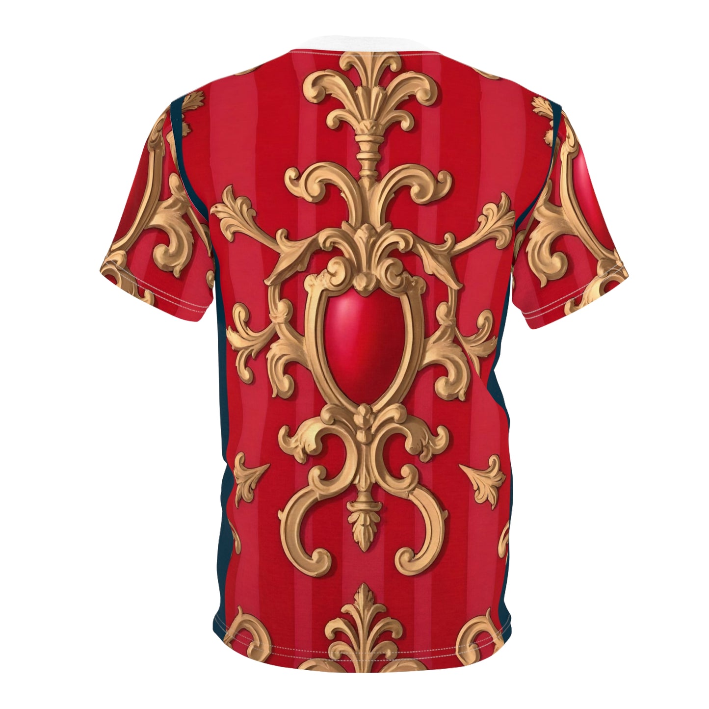 Elegant Baroque Pattern Unisex Tee, Luxurious Graphic T-Shirt, Statement Shirt, Unique Gift - Blue, Red & White Striped Baroque