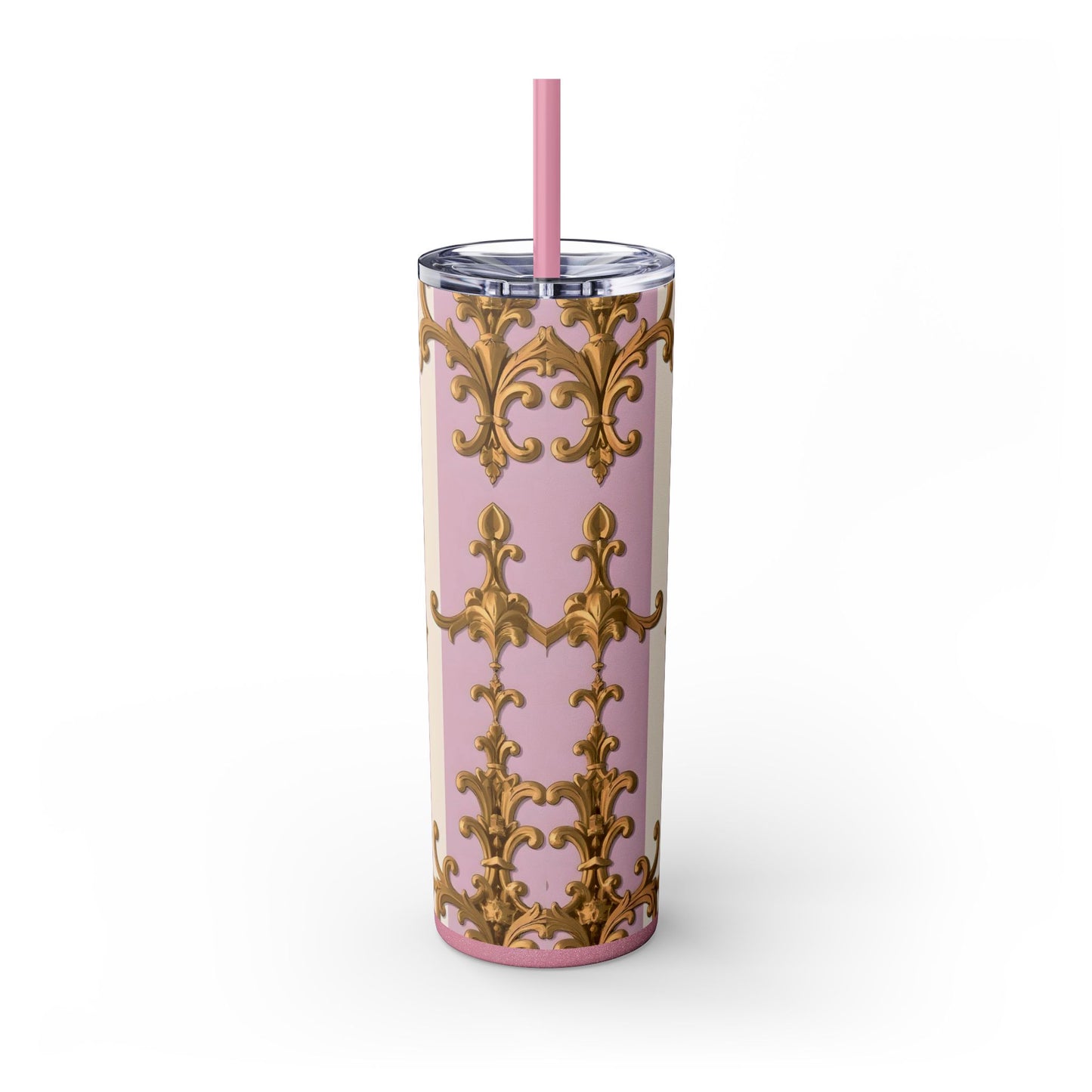 Elegant Pink Tumbler, Gold Patterned Travel Cup, Insulated Drink Holder, Stylish Coffee Tumbler - Lilac & Alabaster Striped Gold Baroque