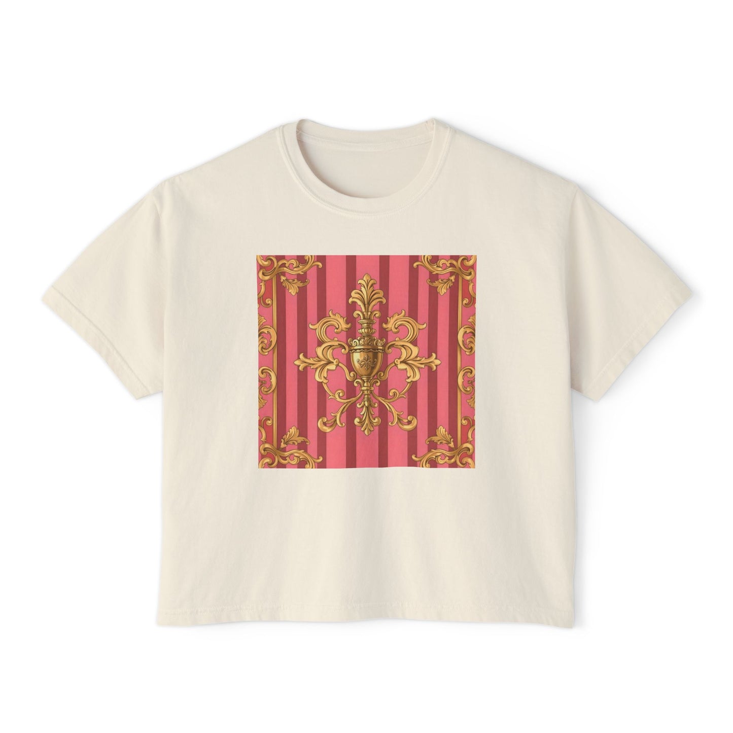 Chic Floral Boxy Tee, Trendy Women's Top, Casual Summer Fashion, Vintage Inspired Tee, Great for Festivals - Pink Striped Gold Baroque