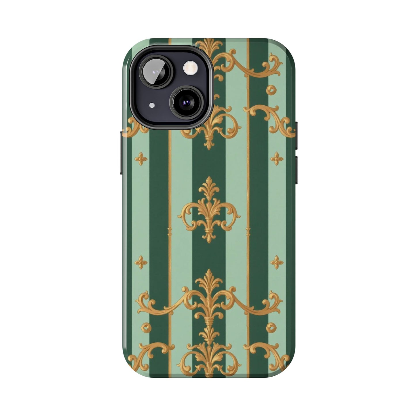 Elegant Floral Tough Phone Cases | Stylish Phone Protection, Gift for Her, Trendy Accessory, Unique Decor - Mint Green & Teal Striped Gold Baroque