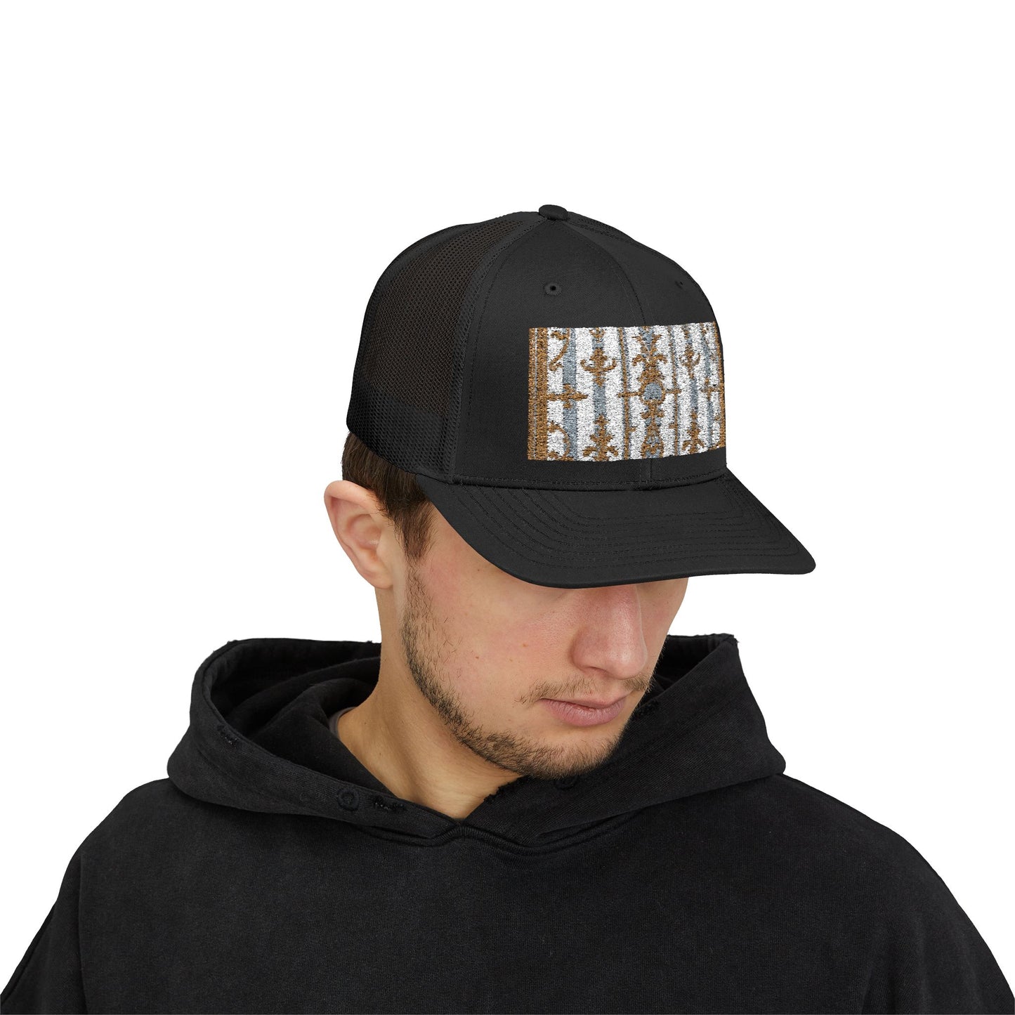 Stylish Snapback Trucker Cap with Nature-Inspired Design - Summer Festivals - Matte Gray & Cream Striped Gold Baroque