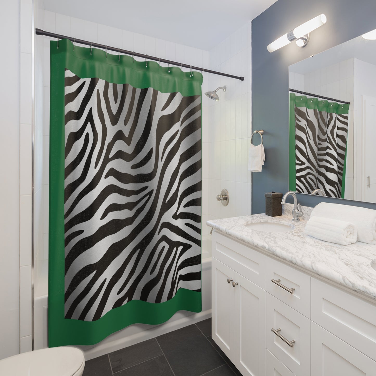 Modern Zebra Print Shower Curtain - Stylish Bathroom Decor - Green Trim