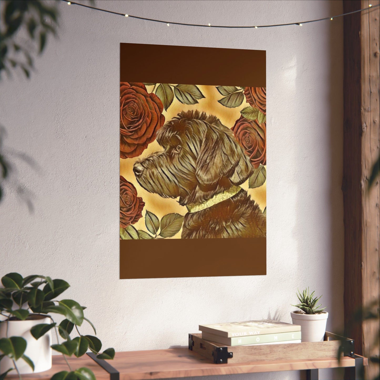 Floral Motif Art Poster - Elegant Matte Vertical Wall Decor - Golden Doodle & Roses