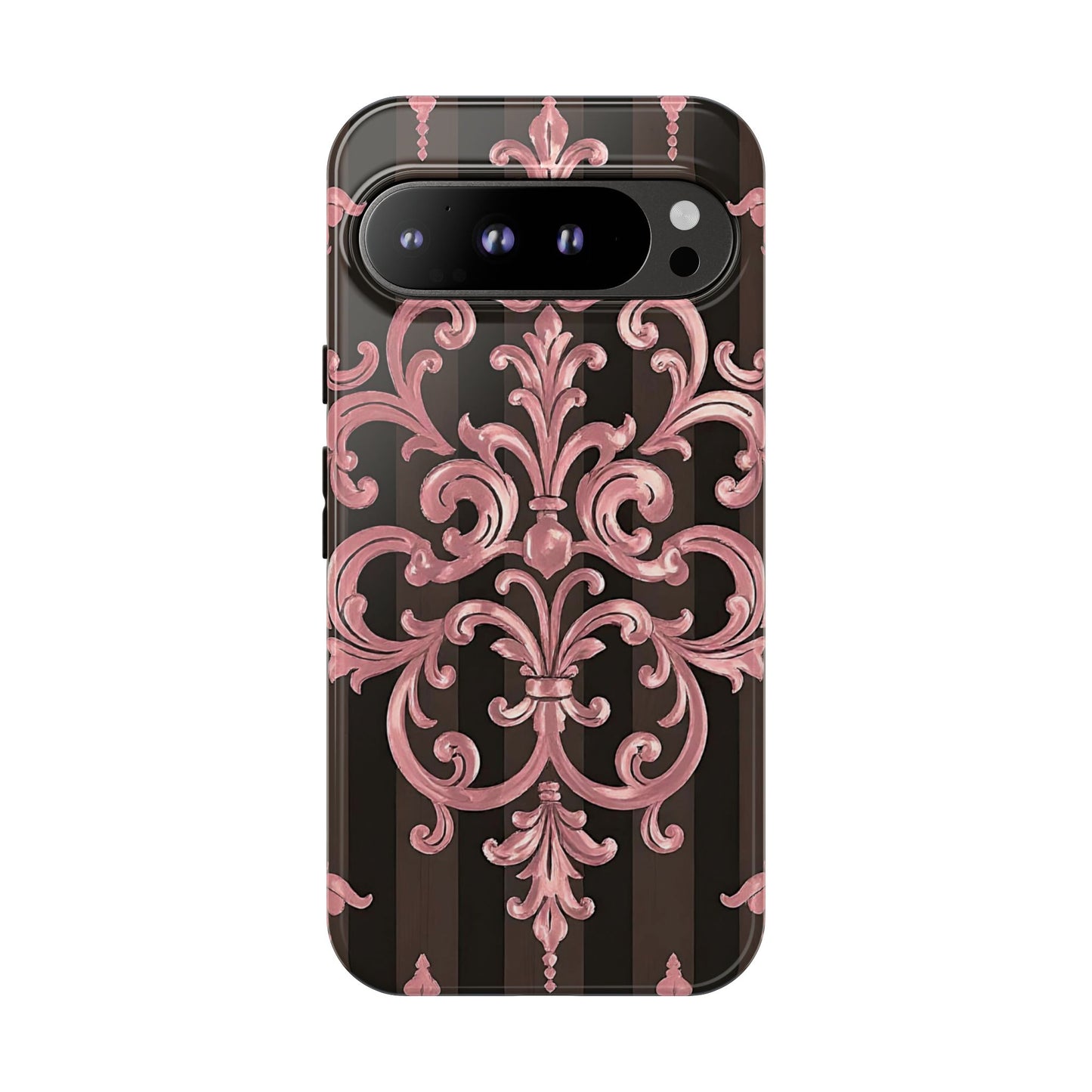 Elegant Floral Motif Phone Case - Tough Cases with Vintage Design - Brown Striped Mauve Damask