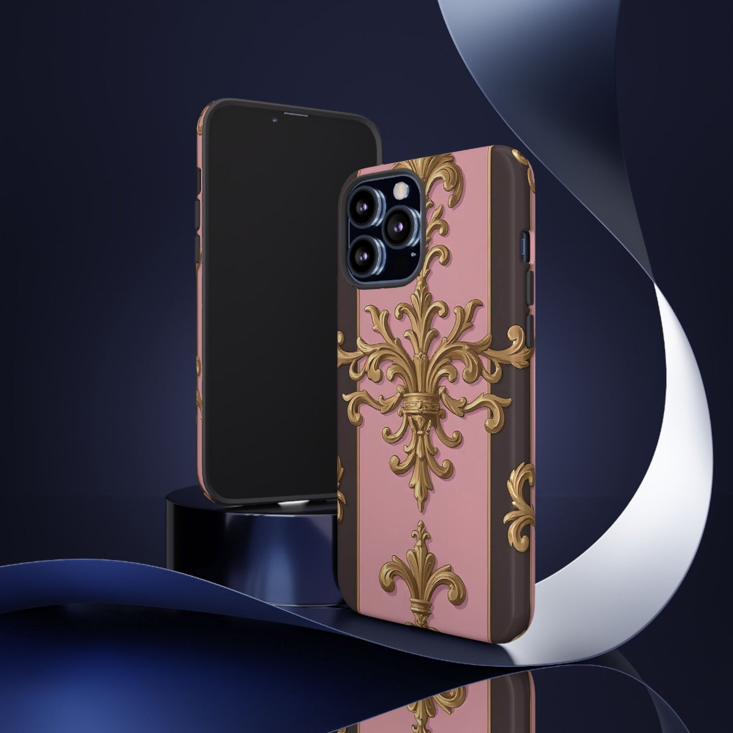 Elegant Floral Motif Phone Case - Tough Cases with Vintage Design - Pink & Brown Striped Gold Damask