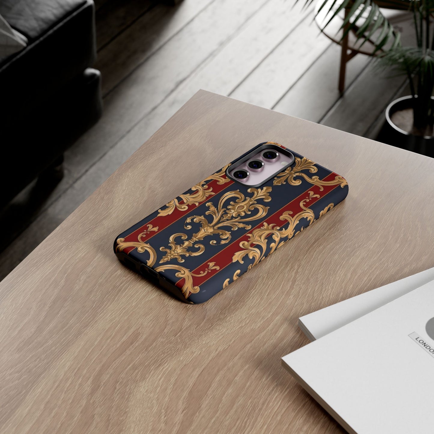 Elegant Floral Motif Phone Case - Tough Cases with Vintage Design - Midnight Blue & Dusk Red Striped Gold Damask