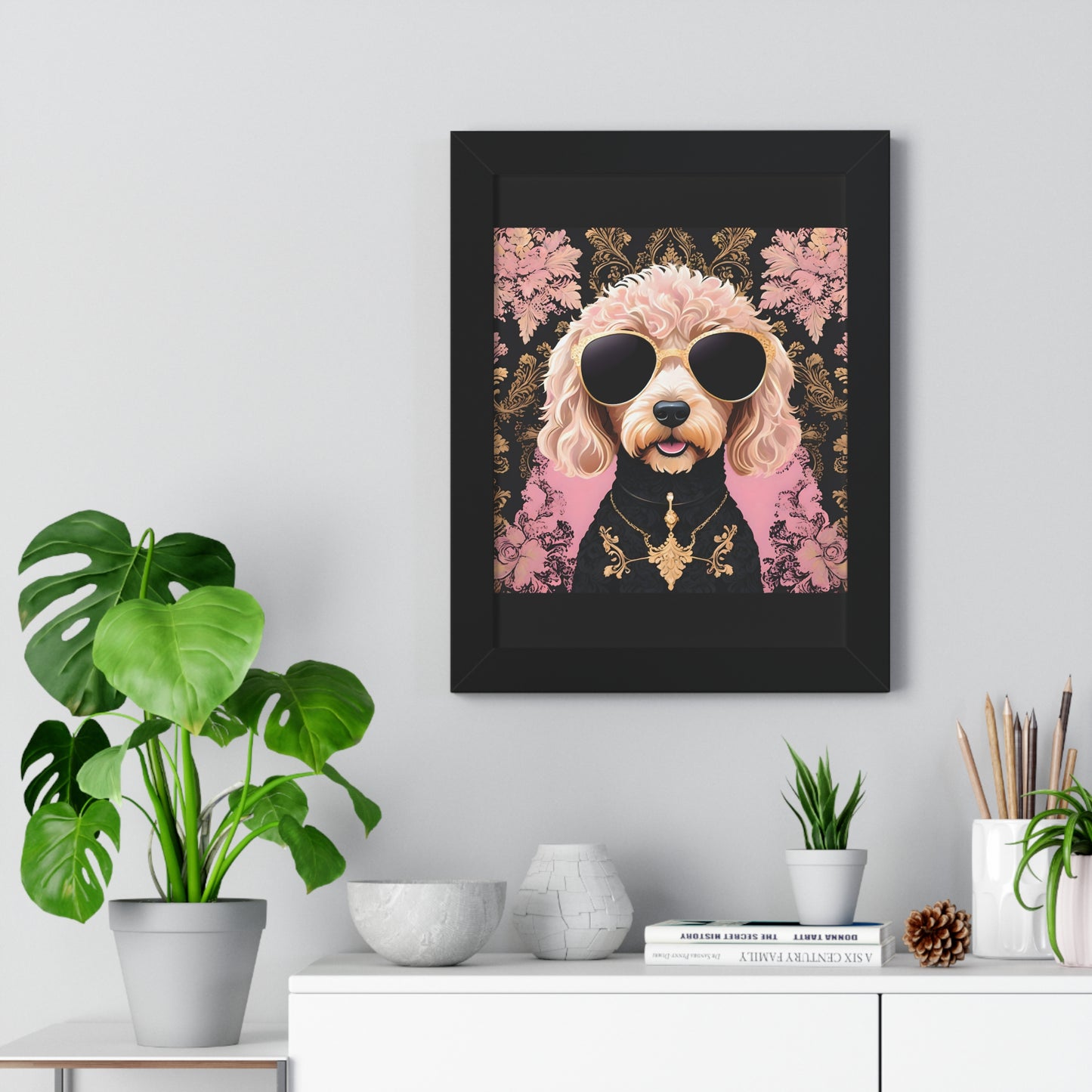 Vertical Poster - Golden Doodle in Damask and Shades - Wall Art - Kid Friendly