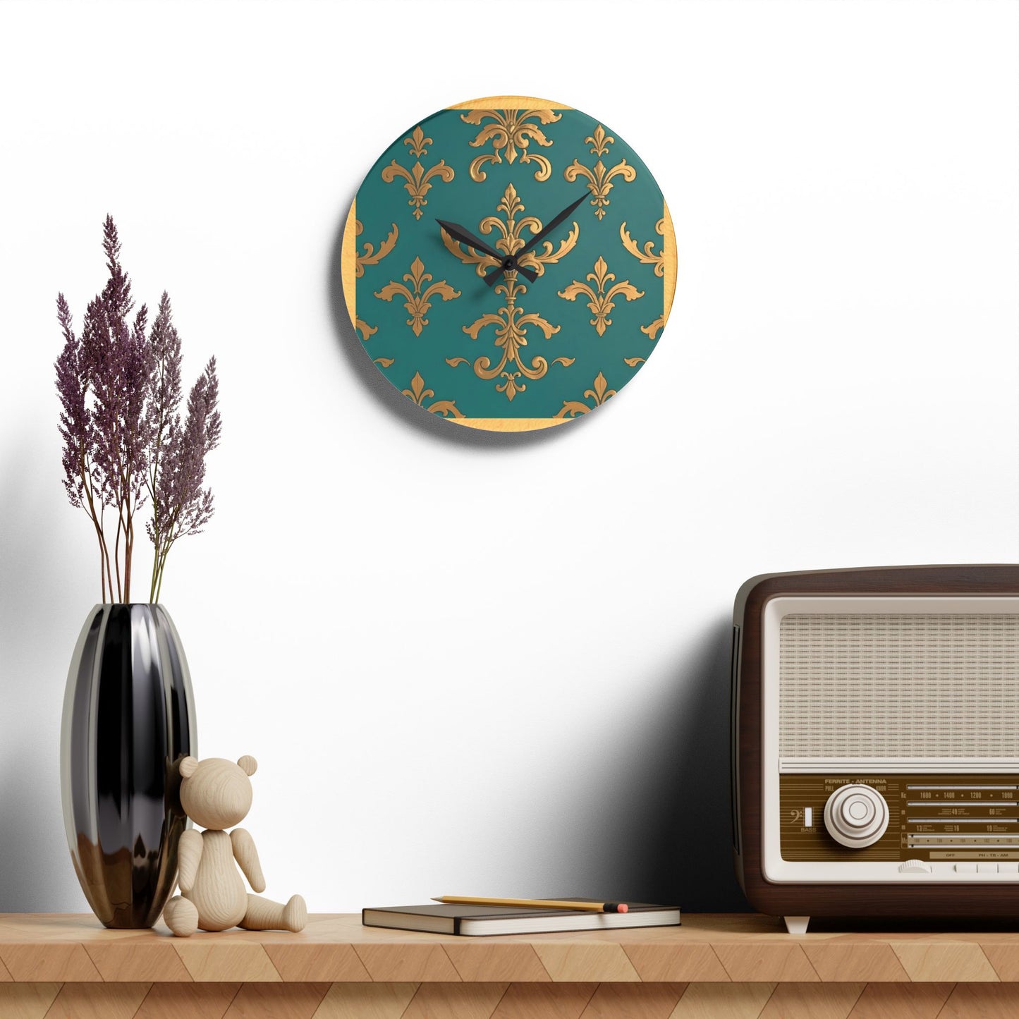 Bohemian Damask-Inspired Acrylic Wall Clock with Floral Design -  Aqua & Gold Design