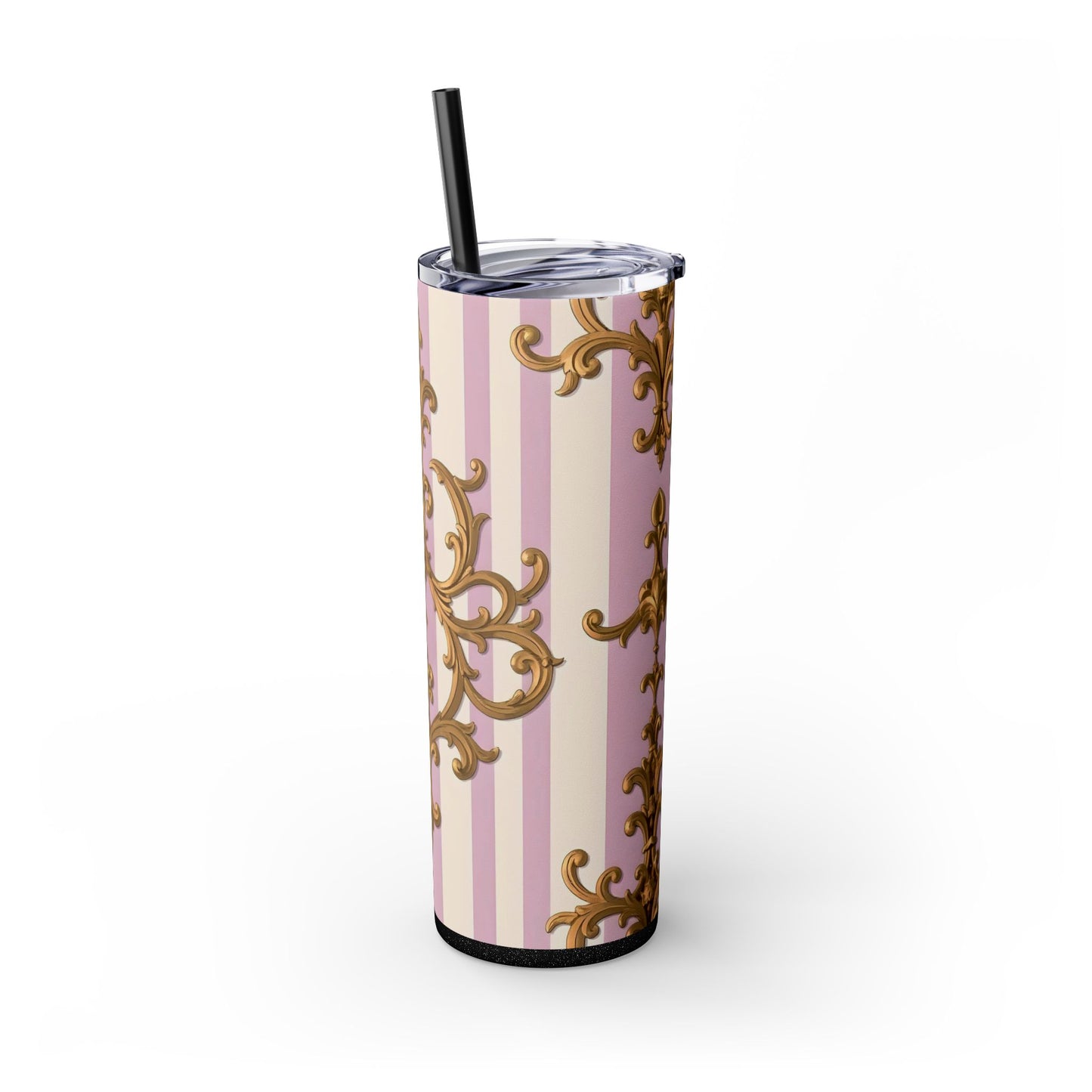 Elegant Pink Tumbler, Gold Patterned Travel Cup, Insulated Drink Holder, Stylish Coffee Tumbler - Lilac & Alabaster Striped Gold Baroque