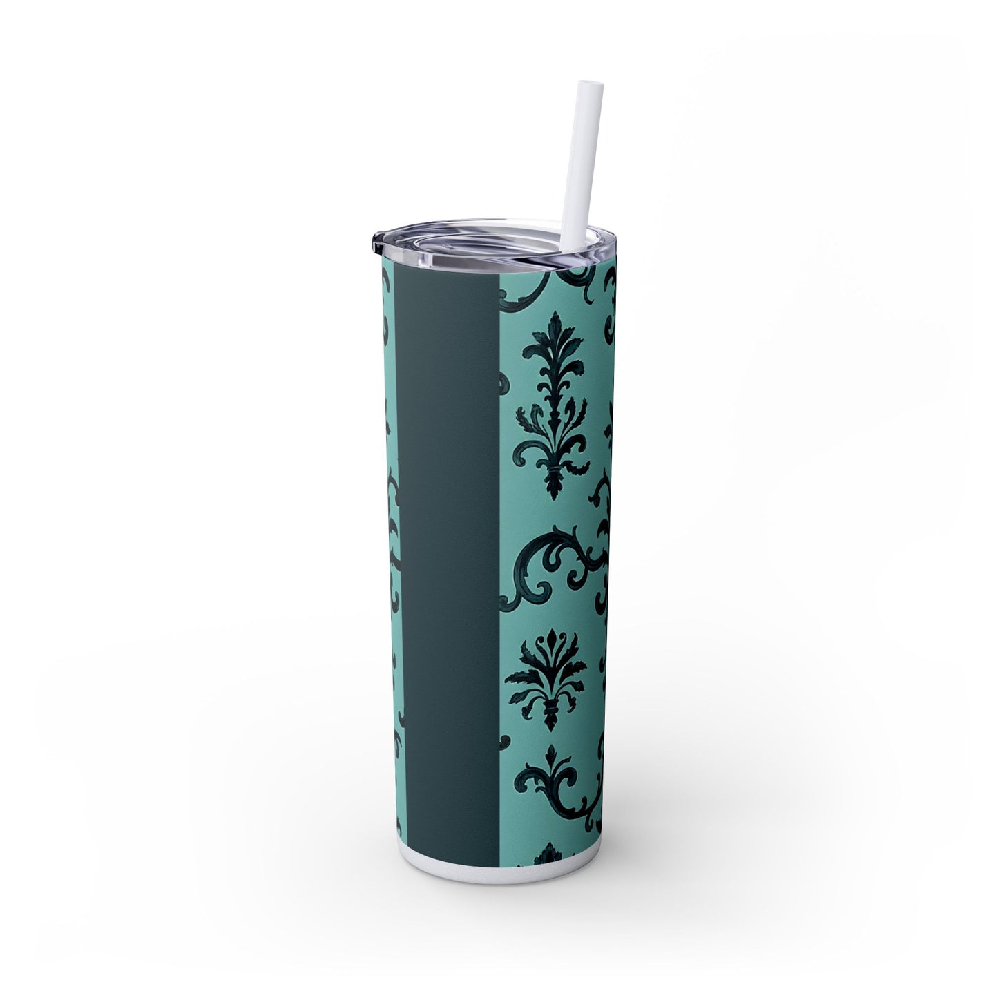 Elegant Floral Skinny Tumbler with Straw, 20oz, Personalized Drinkware, Stylish Travel Mug, Great Gift for Her - Teal Striped Rococo