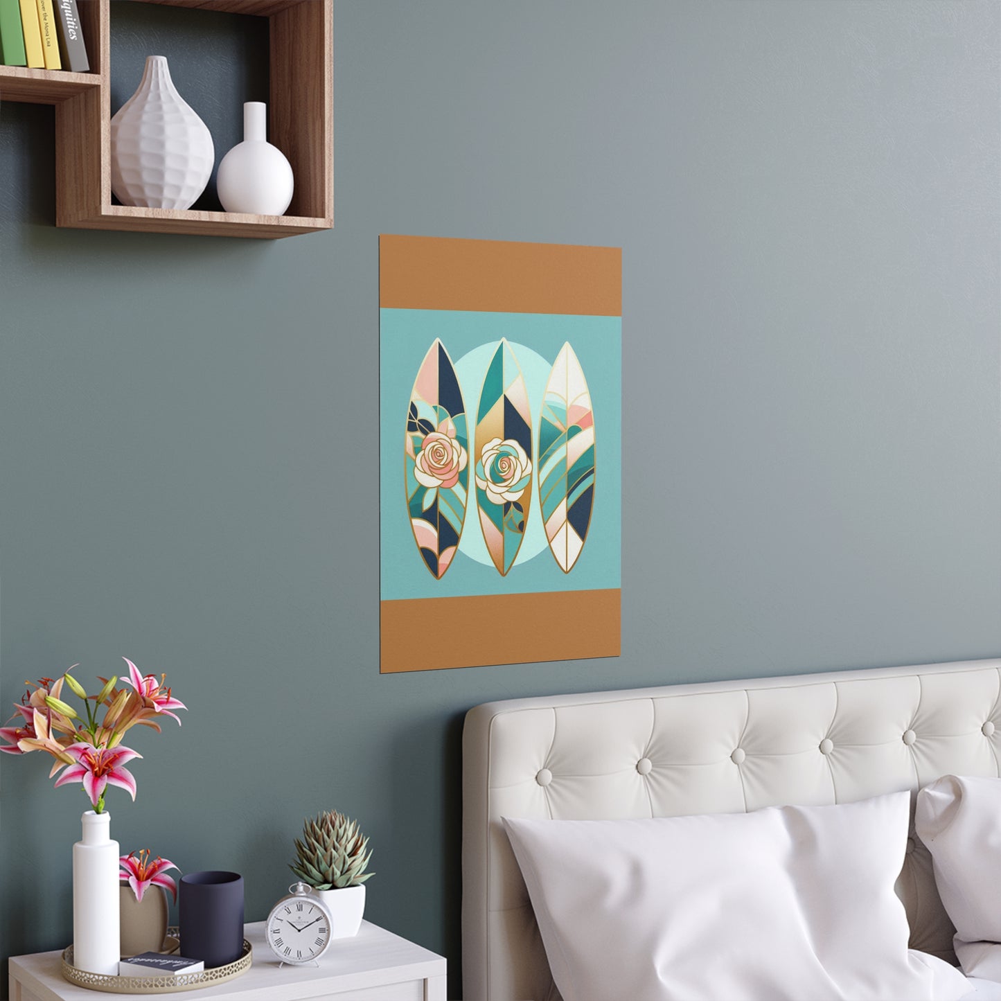 Elegant Floral Silk Poster - Indoor/Outdoor Wall Art for Home Decor - Blue, Pink & Aqua Surfboard & Roses