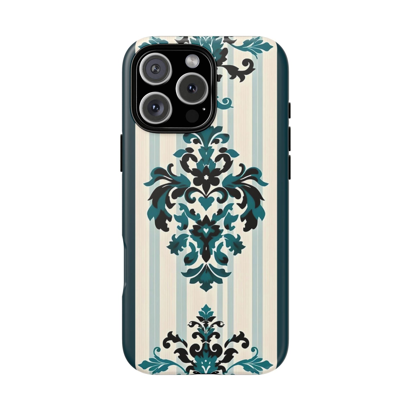 Elegant Floral Phone Case - Tough Cases with Vintage Design - Teal Striped Damask