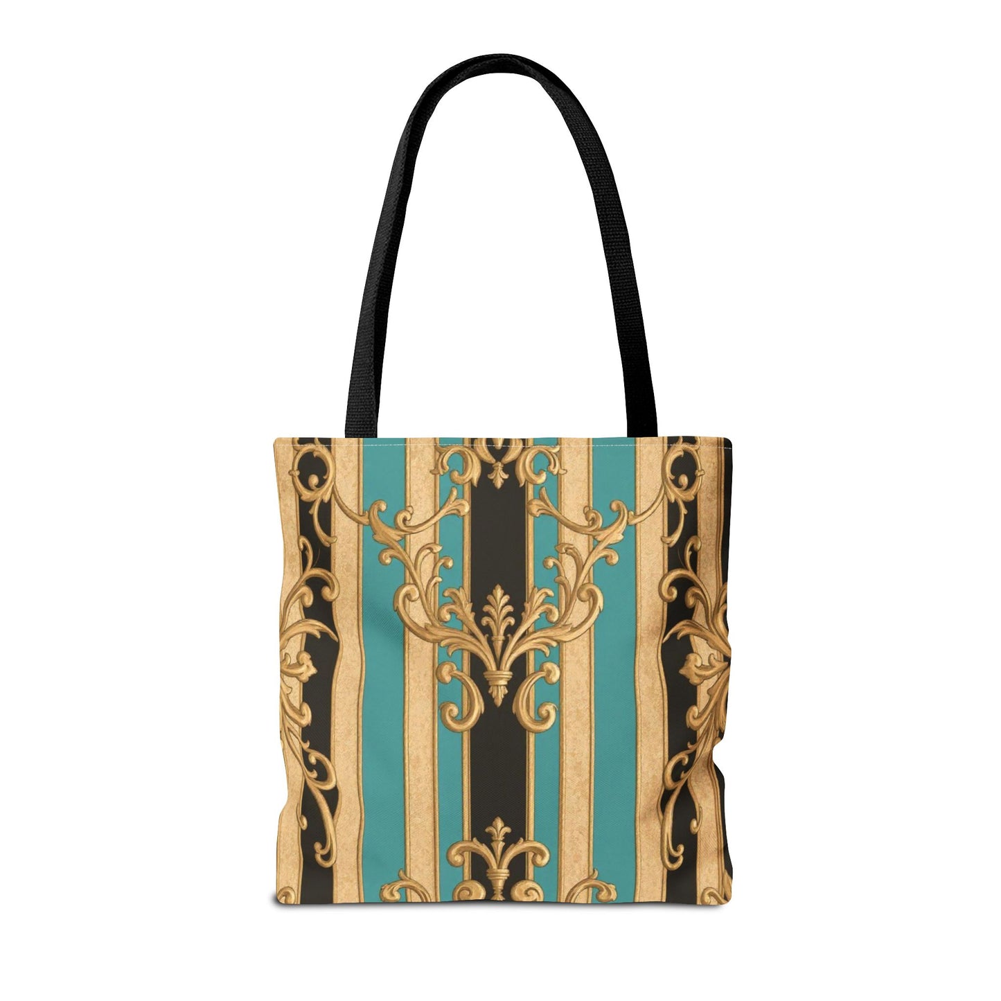 Elegant Black, Tan & Ocean Green Striped Gold Baroque Vintage Pattern Tote Bag, Stylish Carryall, Fashionable Handbag, Perfect Gift for Mother’s Day