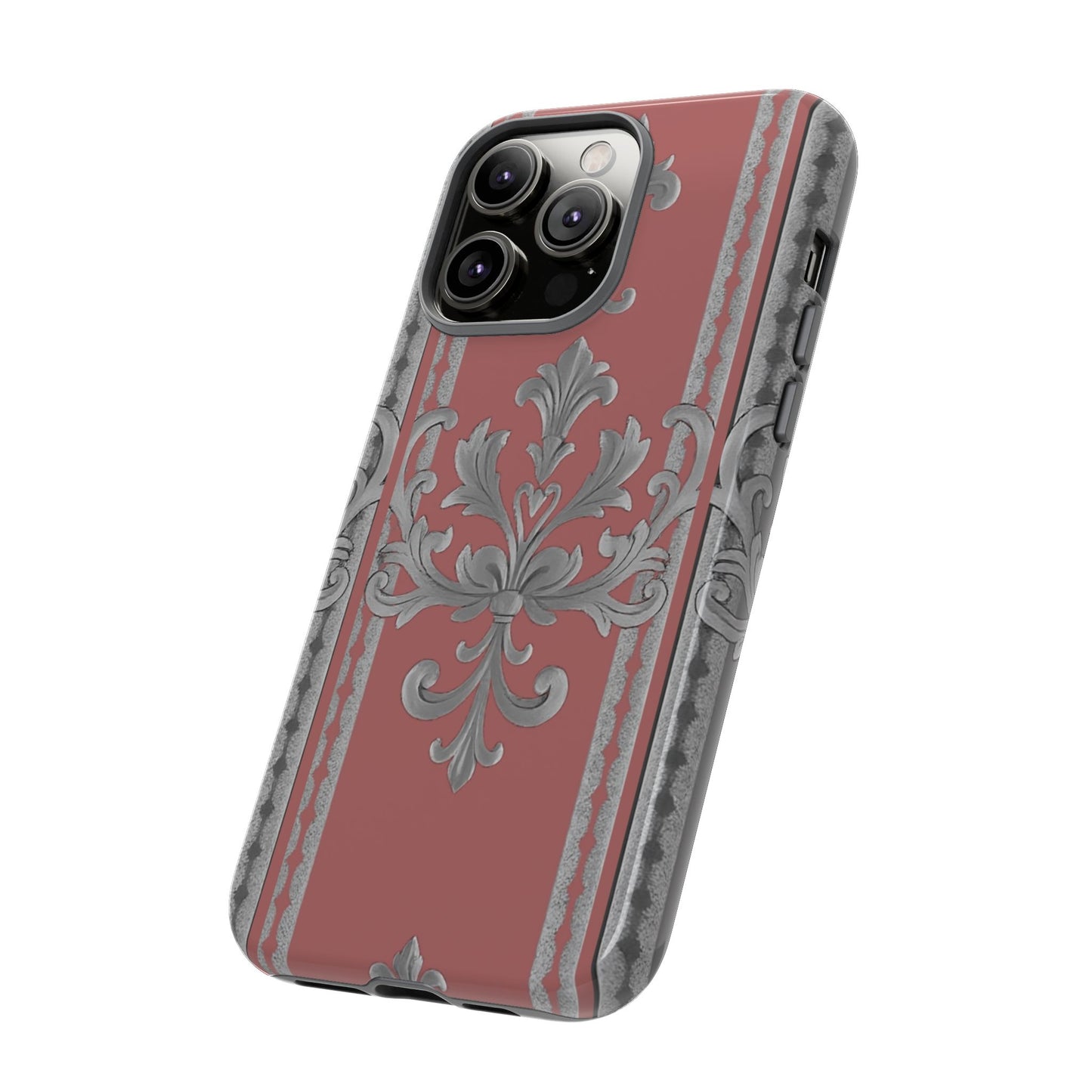 Elegant Floral Phone Case - Tough Cases for Stylish Protection - Gray & Mauve Striped Baroque