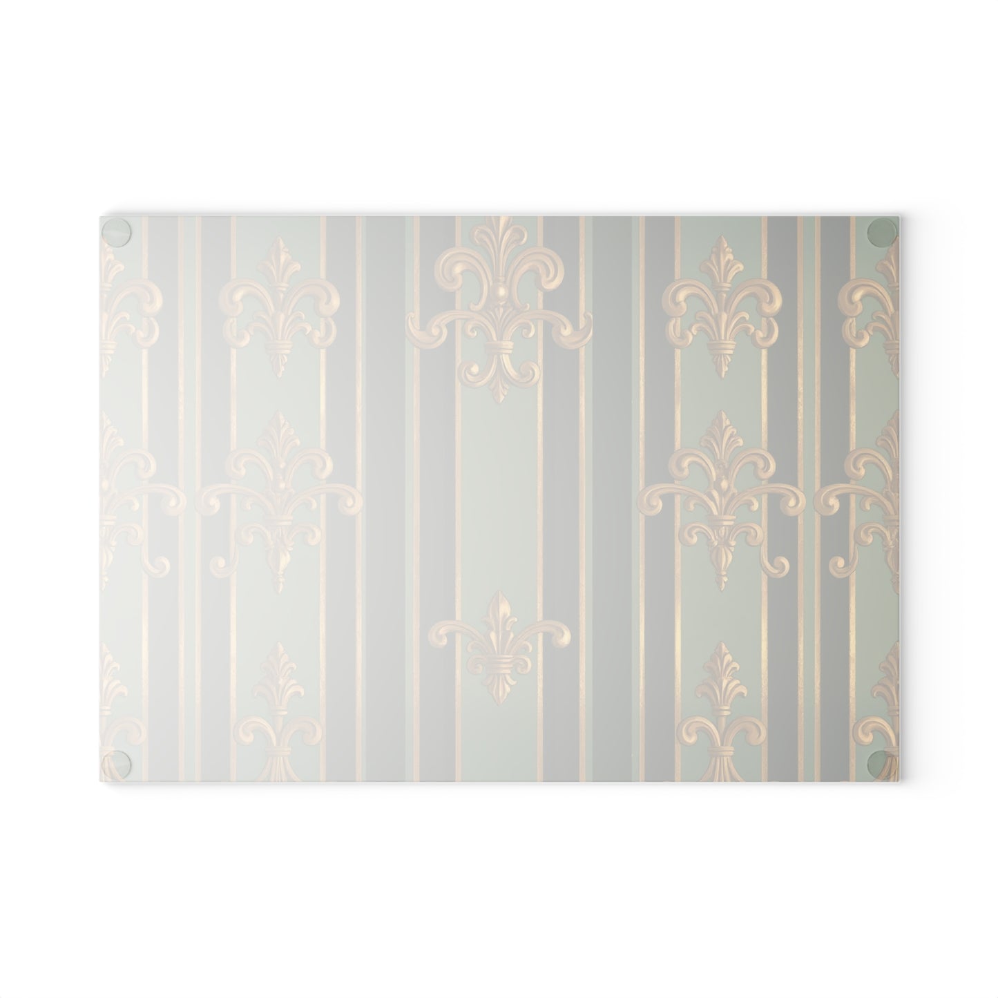 Elegant Glass Cutting Board with Fleur de Lis Design, Kitchen Decor, Wedding Gift, Housewarming Gift, Culinary Art - Green Striped Gold Baroque