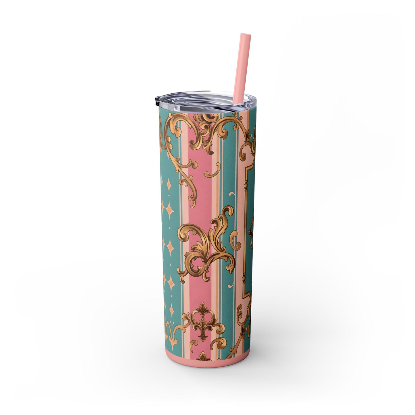 Elegant Floral Skinny Tumbler, 20oz Travel Mug, Stylish Drinkware, Perfect Gift for Her, Vintage Inspired - Pink & Matte Turquoise Striped Rococo
