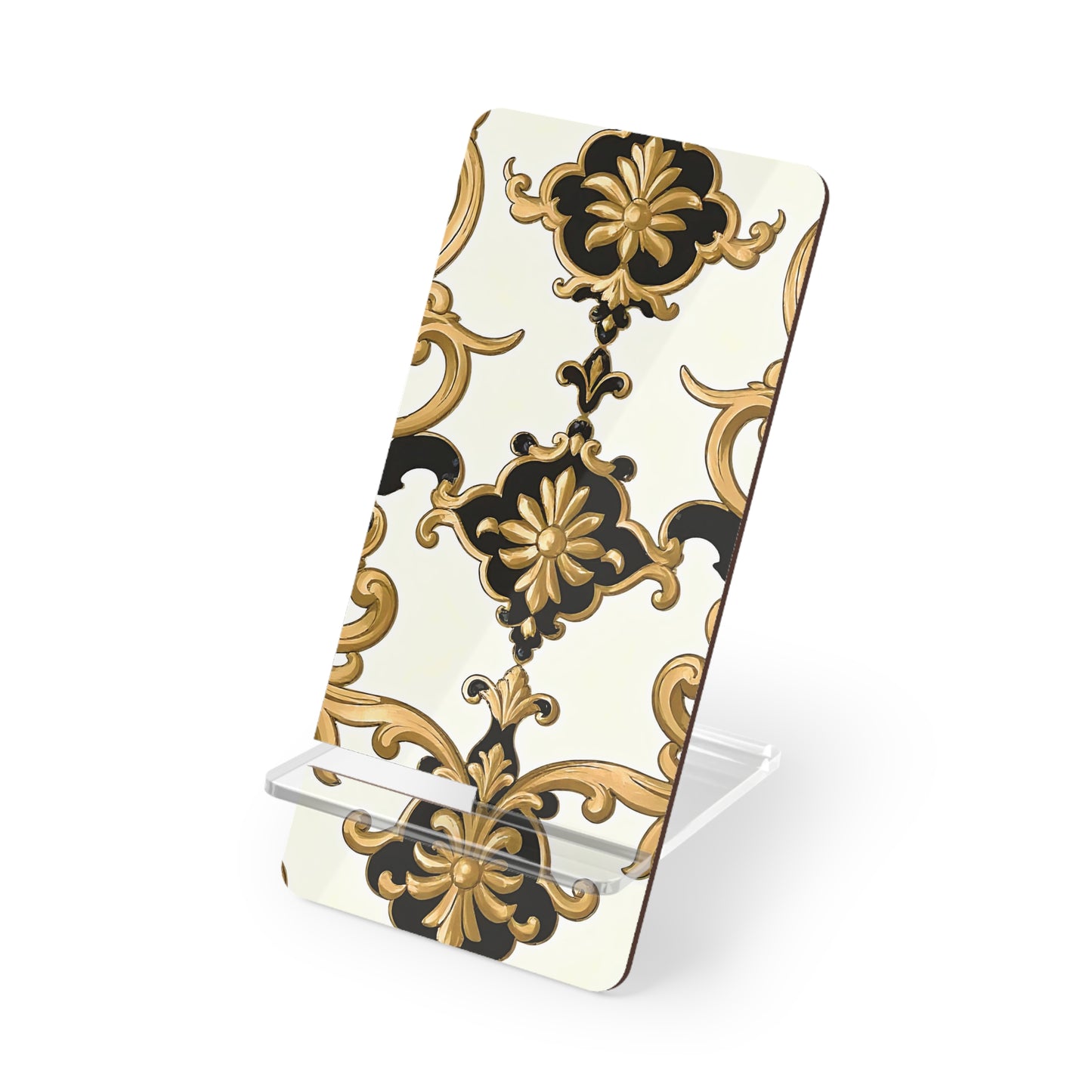 Elegant Smartphone Display Stand, Chic Desk Organizer, Home/Office Decor, Gift for Tech Lovers, Stylish Phone Holder - Black & Gold Rococo