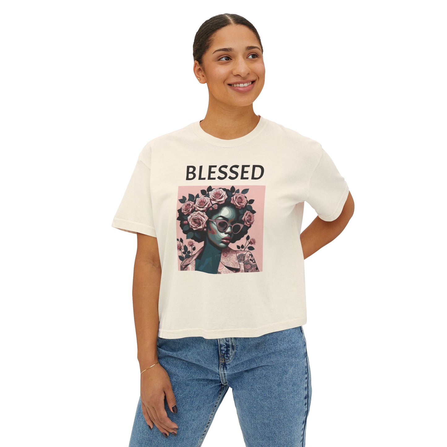 Blessed Women's Boxy Tee, Inspirational Graphic Tee, Positive Affirmation Shirt, Gift for Her, Casual Wear, Self-Love Top - Black Lettering