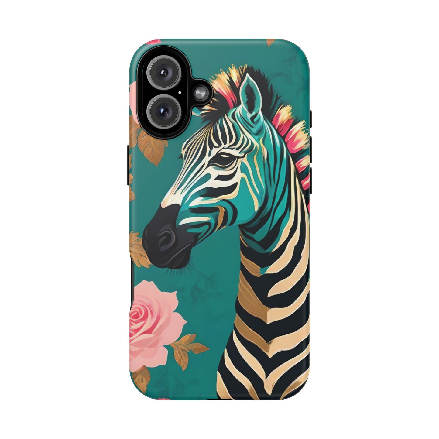 Phone Case - Elegant Teal & Gold Zebra & Roses Design