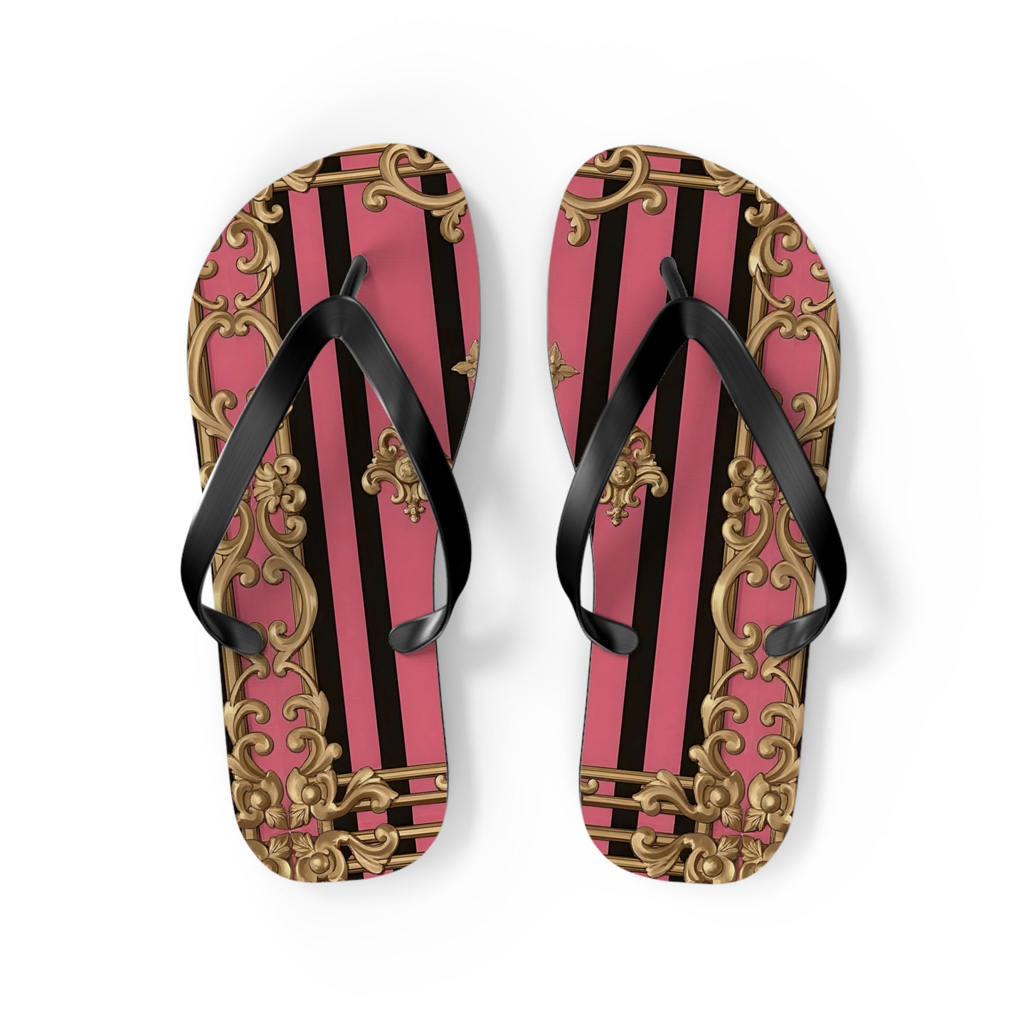Chic Flip Flops, Stylish Summer Sandals, Beachwear, Poolside Accessories, Vacation Footwear, Trendy Casual Shoes - Pink Striped Gold Rococo