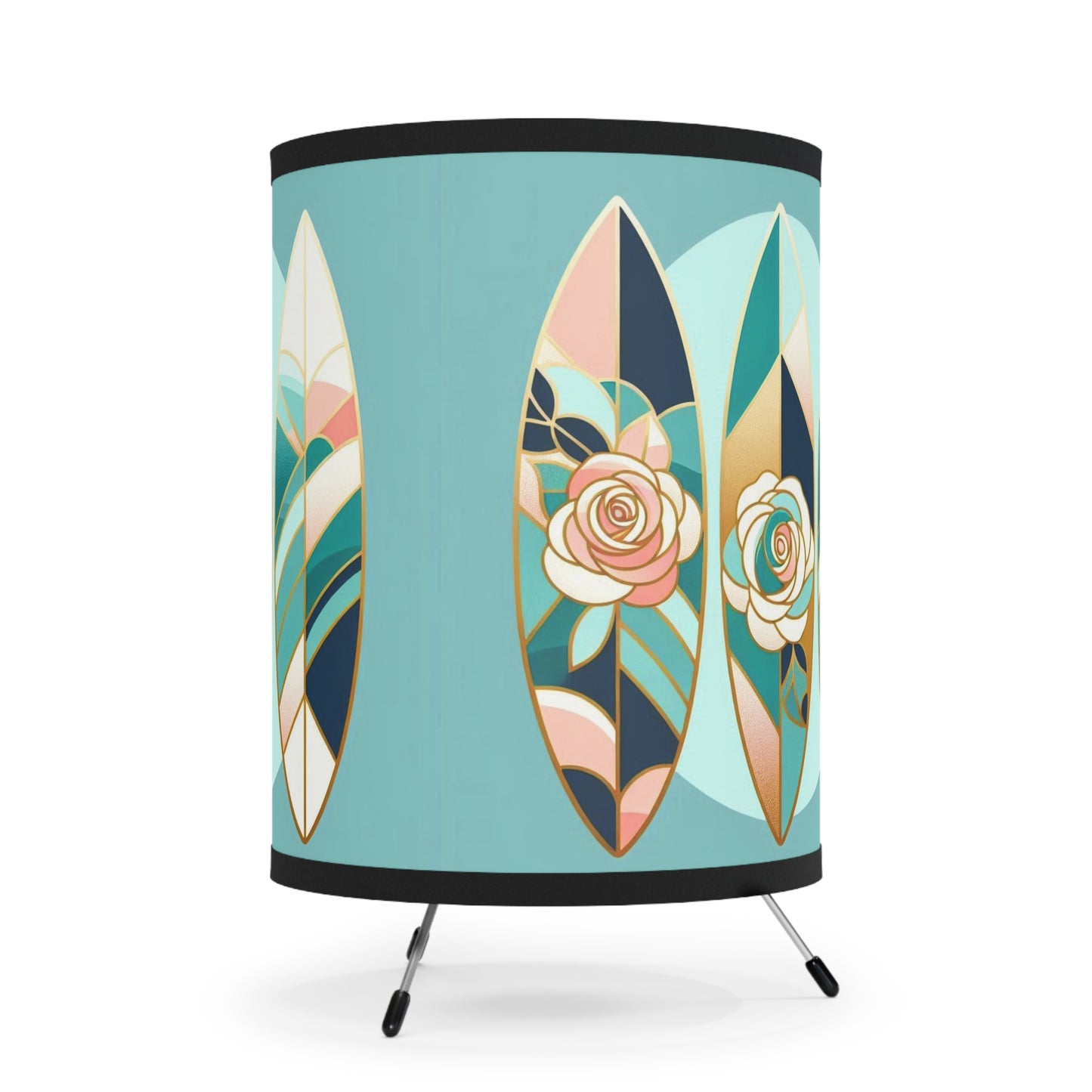 Boho Surf Tripod Lamp with Floral Design - High-Res Printed Shade - Blue, Pink & Aqua Surfboard & Roses Design