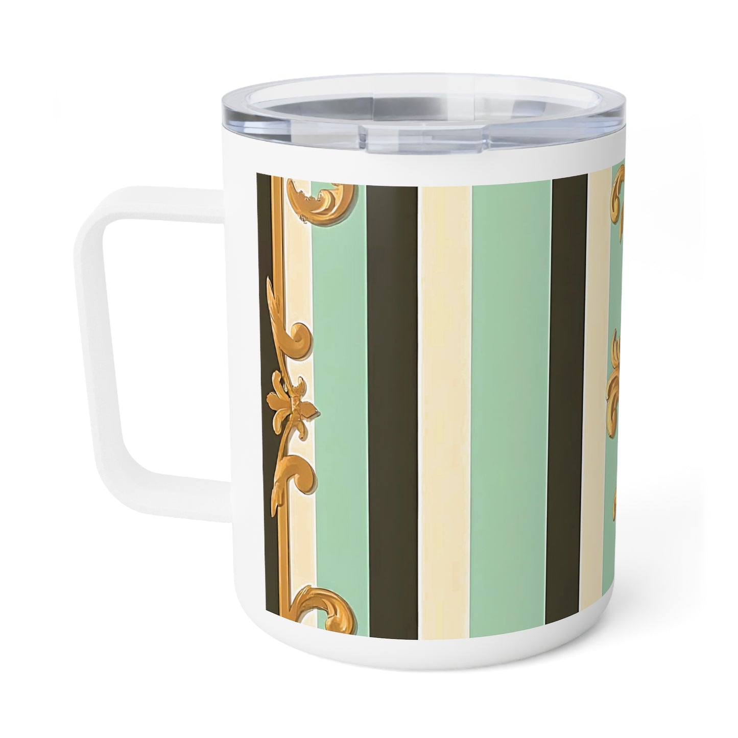 Elegant Insulated Coffee Mug, 10oz - Stylish Hot Beverage Container for Home, Office, Gifts, Parties, or Weddings - Black & Matte Mint Striped Rococo